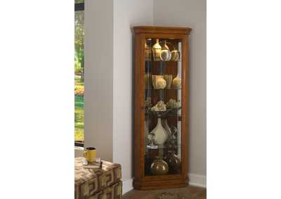 Image for Mirrored 4 Shelf Corner Curio Cabinet in Golden Oak Brown