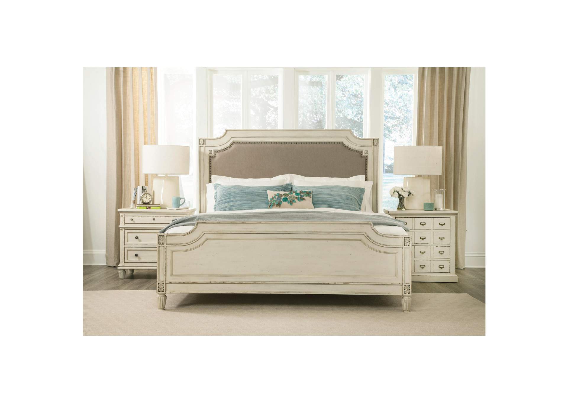 Huntleigh Vintage White King Carved Upholstered Bed,Riverside