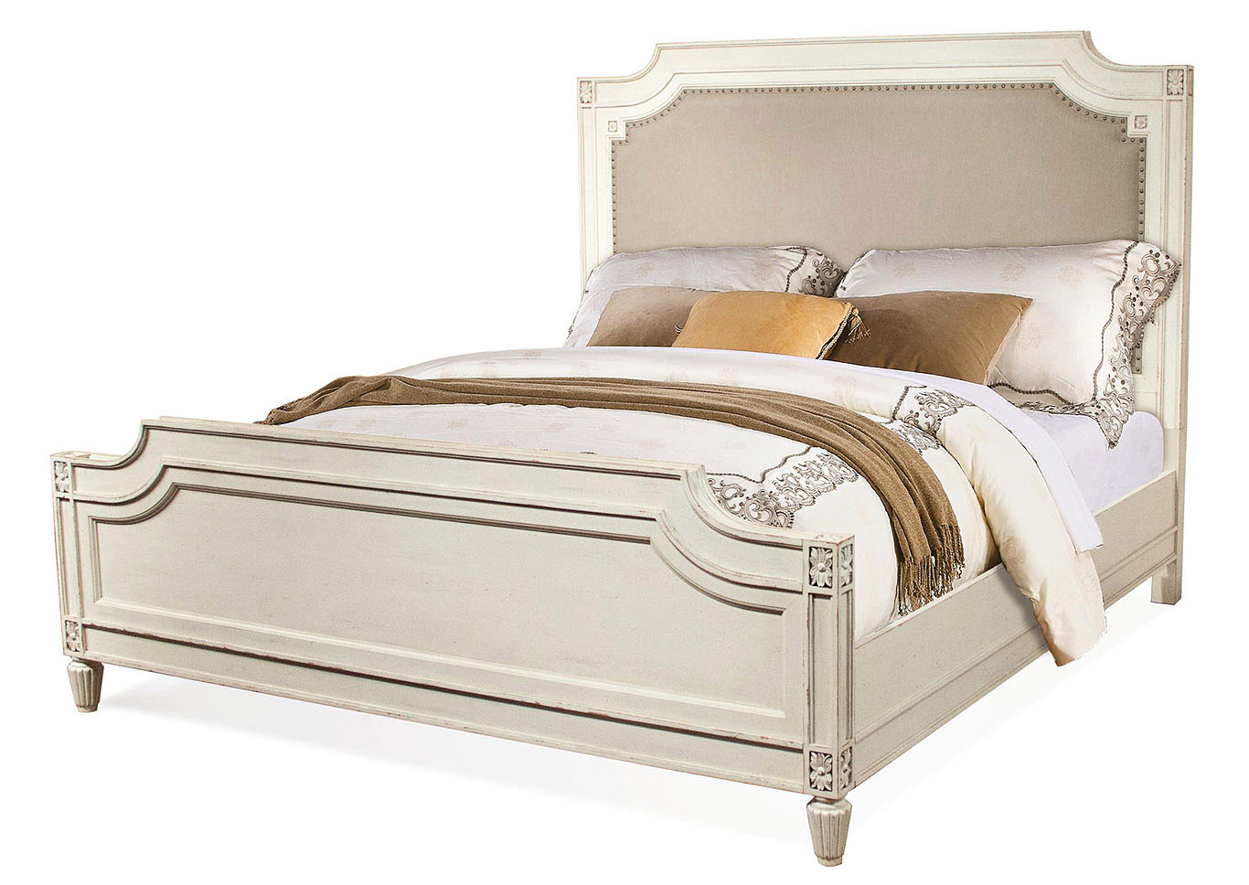Huntleigh Vintage White King Carved Upholstered Bed,Riverside