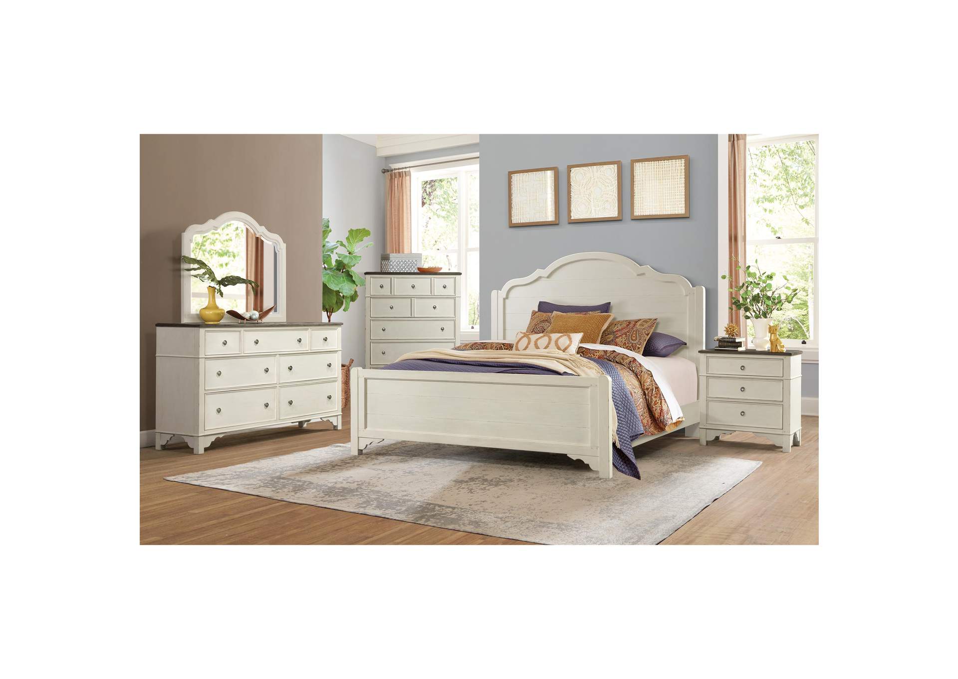 Grand Haven Feathered White Panel King Bed w/ Dresser, Mirror,Riverside