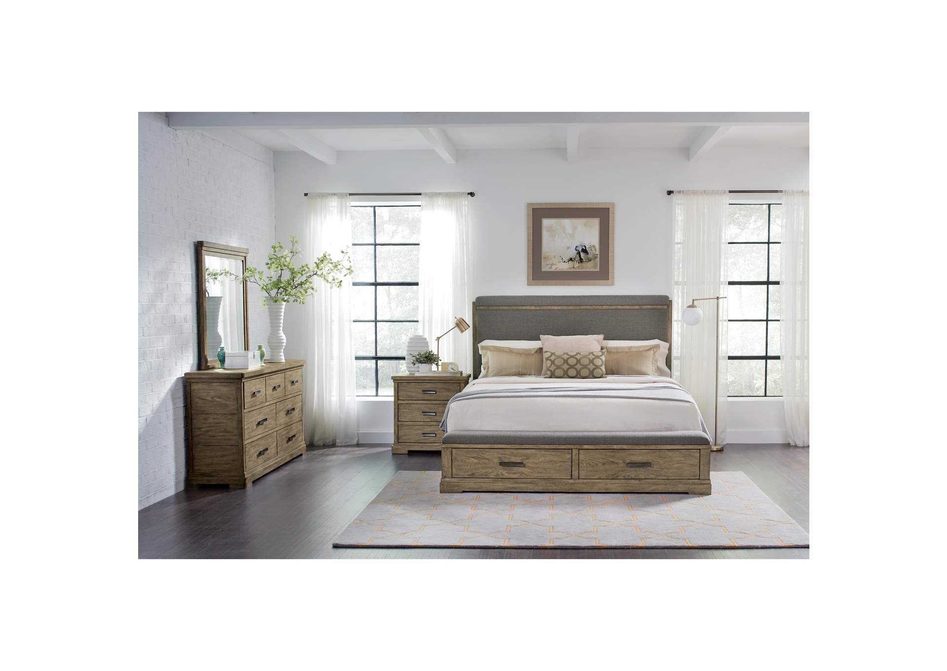 Milton Park Primitive Silk Upholstered Storage King Bed w/ Dresser, Mirror,Riverside