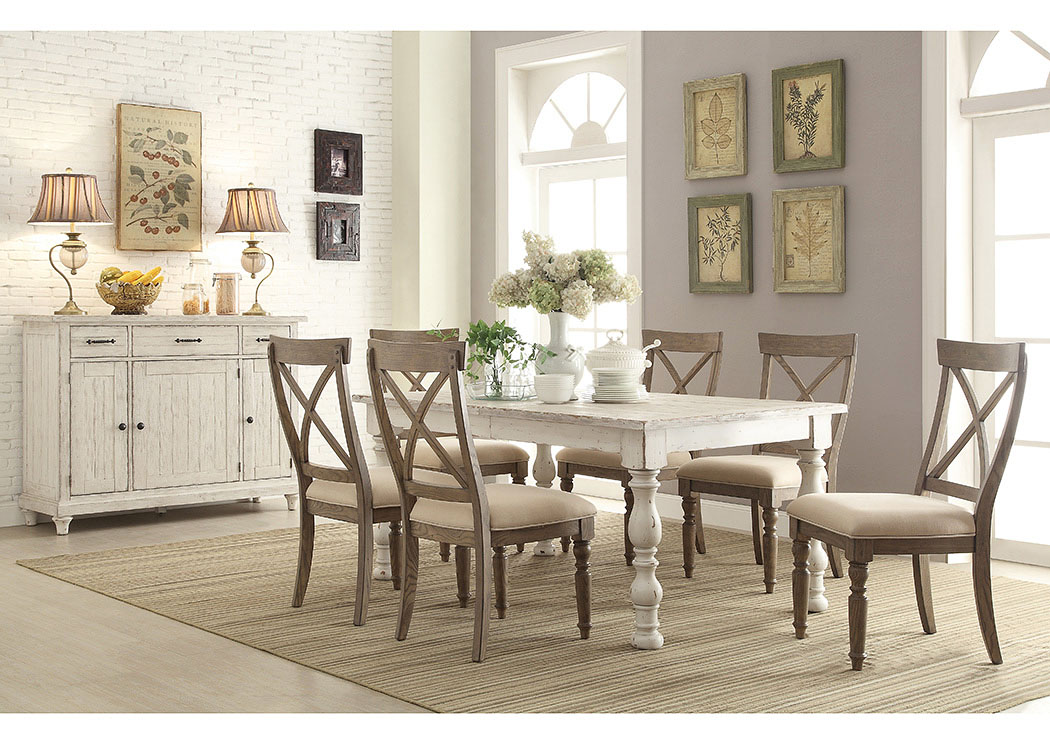 Aberdeen Weathered Worn White Rectangle Extension Dining Table w/6 Side Chairs,Riverside