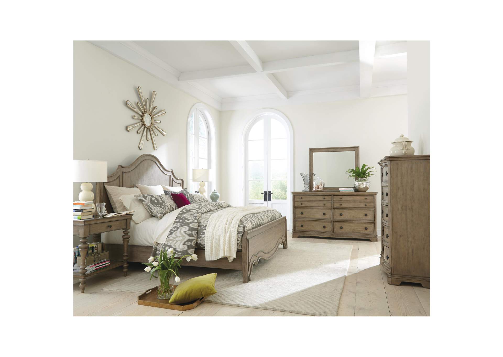 Corinne Sun-drenched Acacia Panel Queen Bed w/ Dresser, Mirror,Riverside