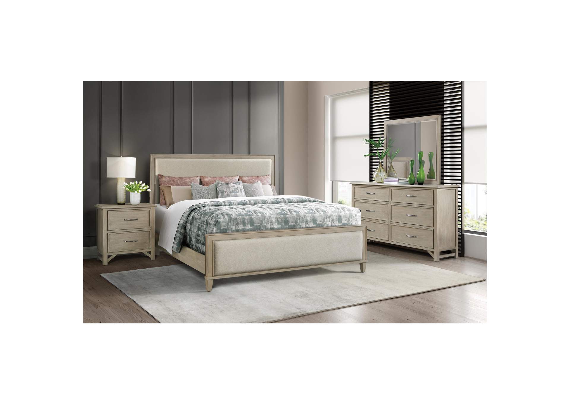 Talford Natural Natural Upholstered Queen Bed w/ Dresser, Mirror,Riverside