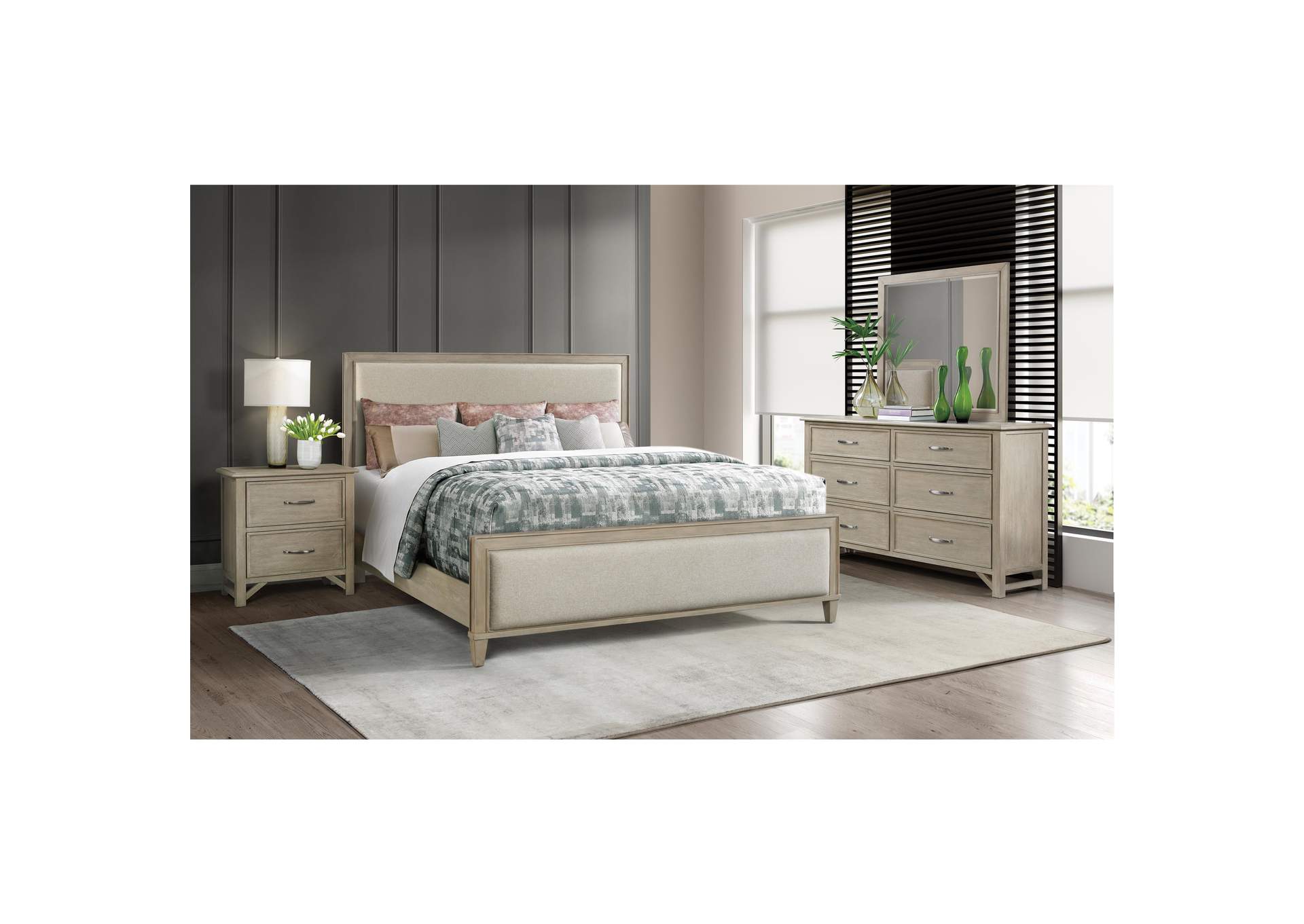 Talford Natural Natural Upholstered King Bed w/ Dresser, Mirror,Riverside