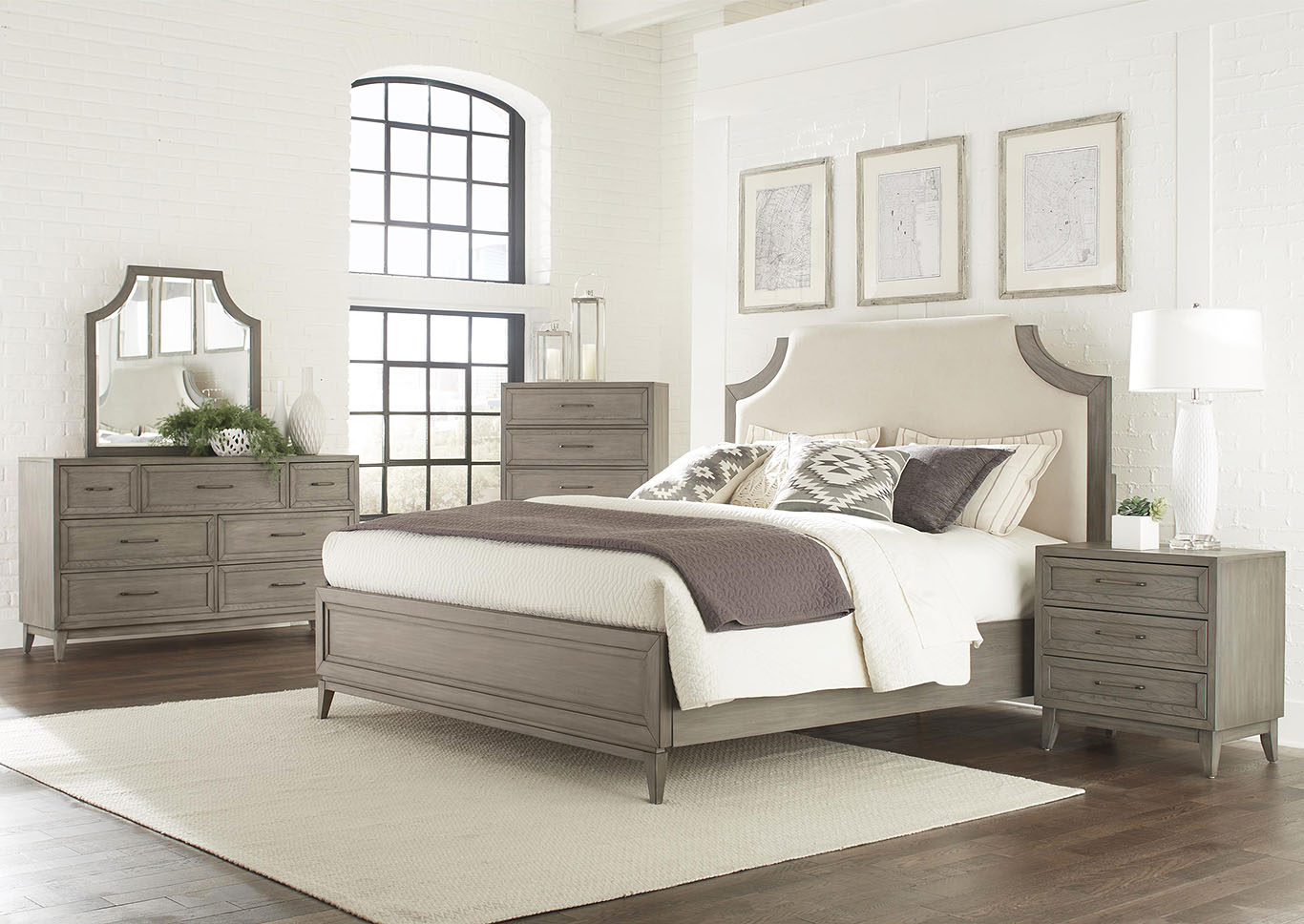 Vogue Gray Wash Queen/Full Upholstered Bed w/Dresser and Mirror,Riverside