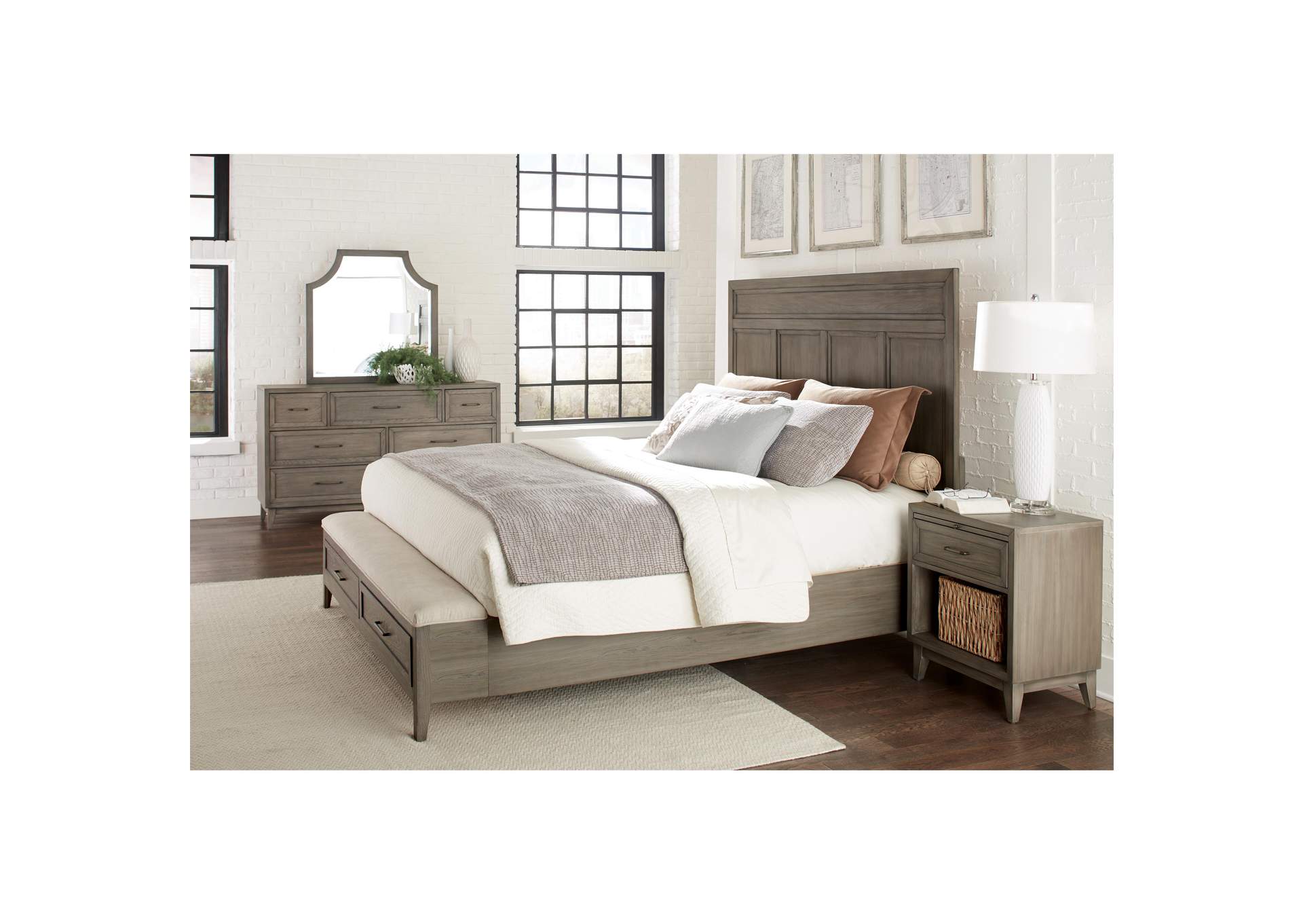 Vogue Gray Wash Queen/Full Panel Storage Bed w/Dresser and Mirror,Riverside