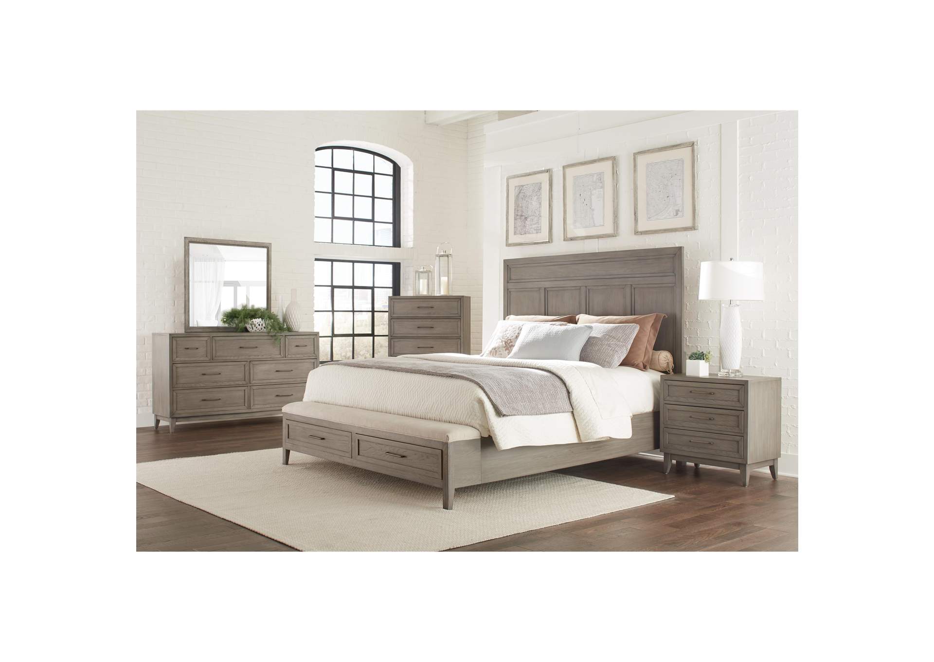 Vogue Gray Wash Queen/Full Panel Storage Bed w/Dresser and Mirror,Riverside