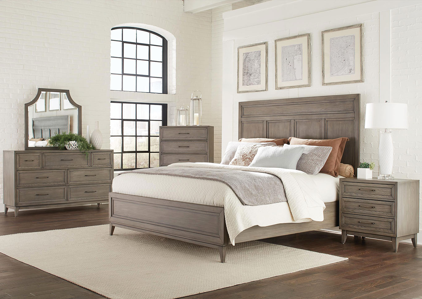 Vogue Gray Wash Queen/Full Panel Bed w/Dresser and Mirror,Riverside