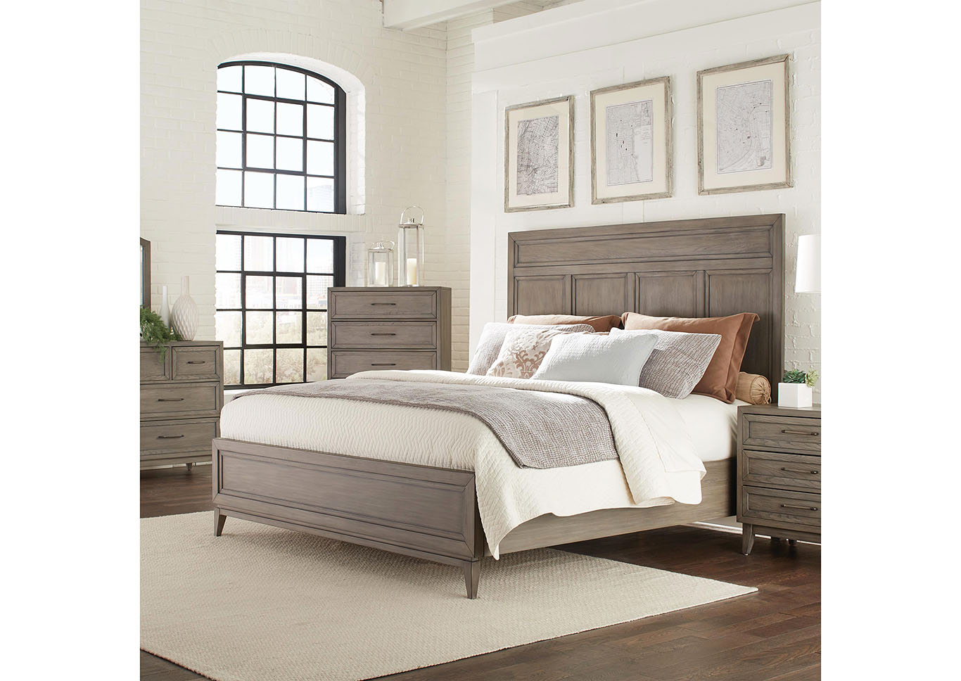 Vogue Gray Wash Queen/Full Panel Bed w/Dresser and Mirror,Riverside