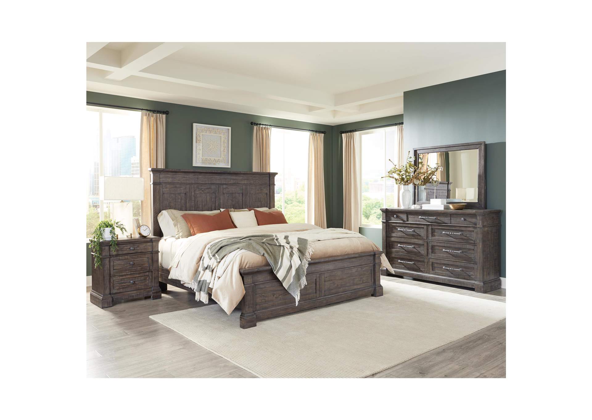 Bradford Rustic Coffee Panel King Bed w/ Dresser, Mirror,Riverside