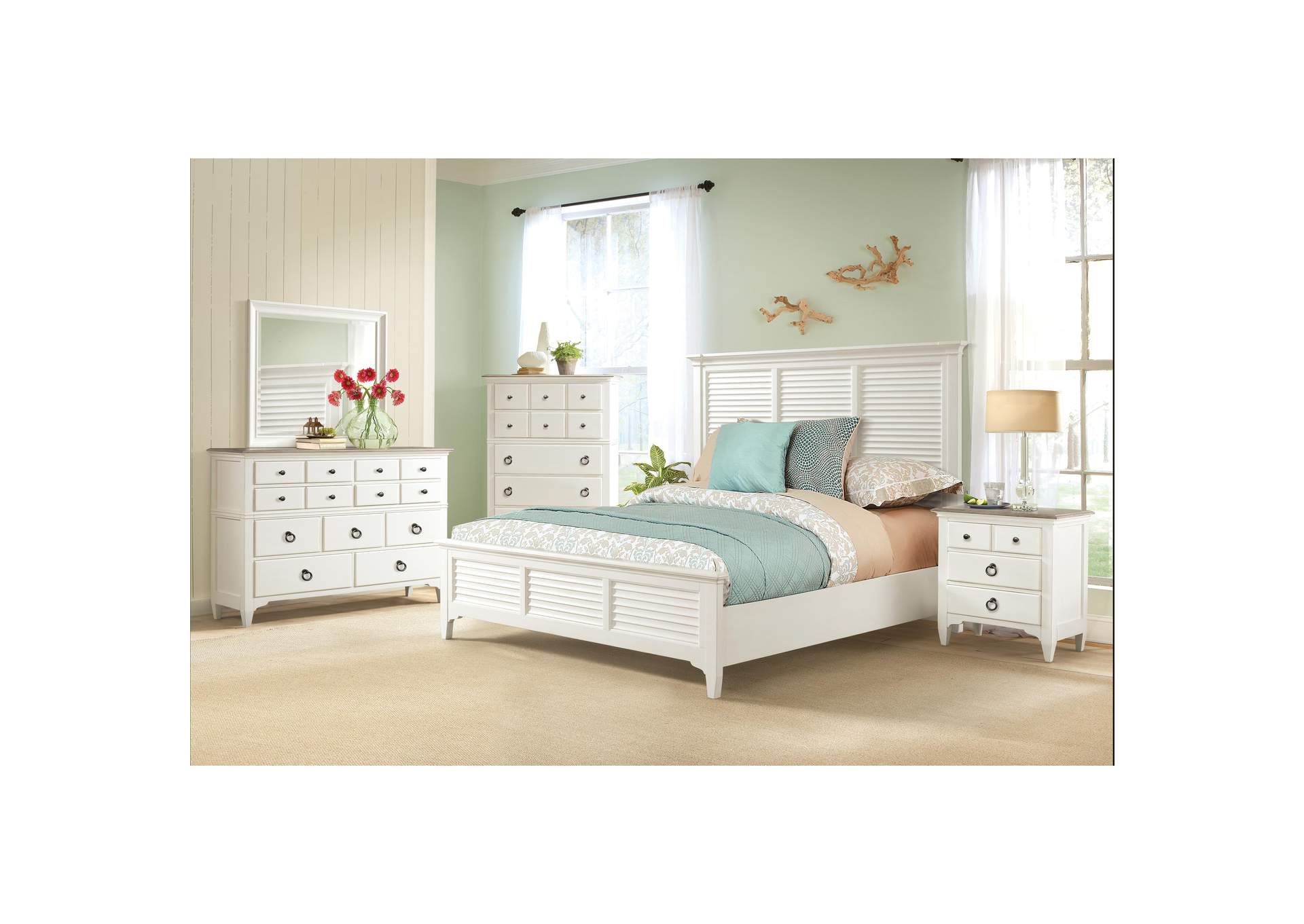 Myra Paperwhite California King Louver Bed w/Dresser and Mirror,Riverside