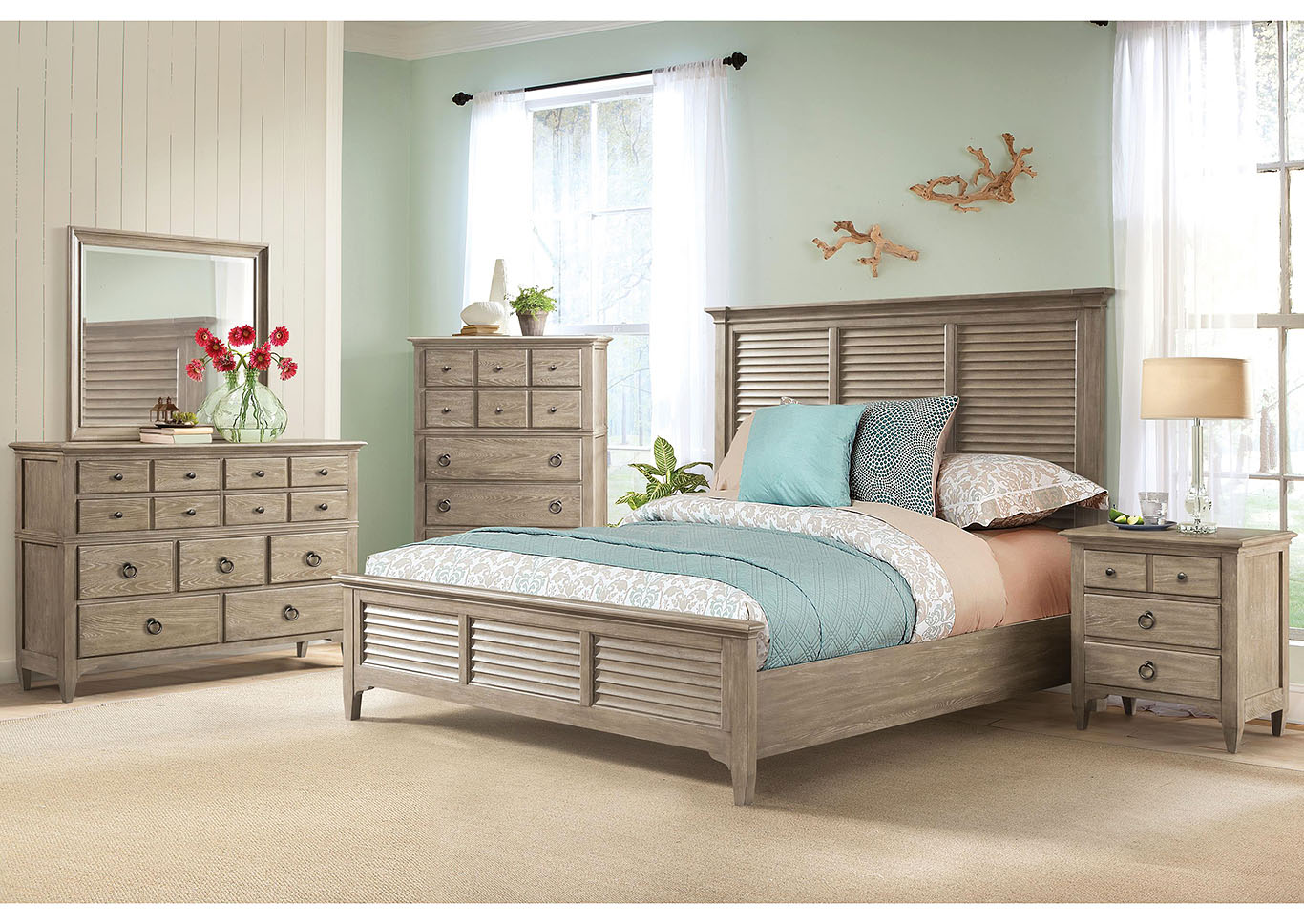 Myra Natural Queen/Full Louver Bed w/Dresser and Mirror,Riverside