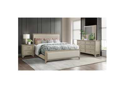 Talford Natural Natural Upholstered Queen Bed w/ Dresser, Mirror