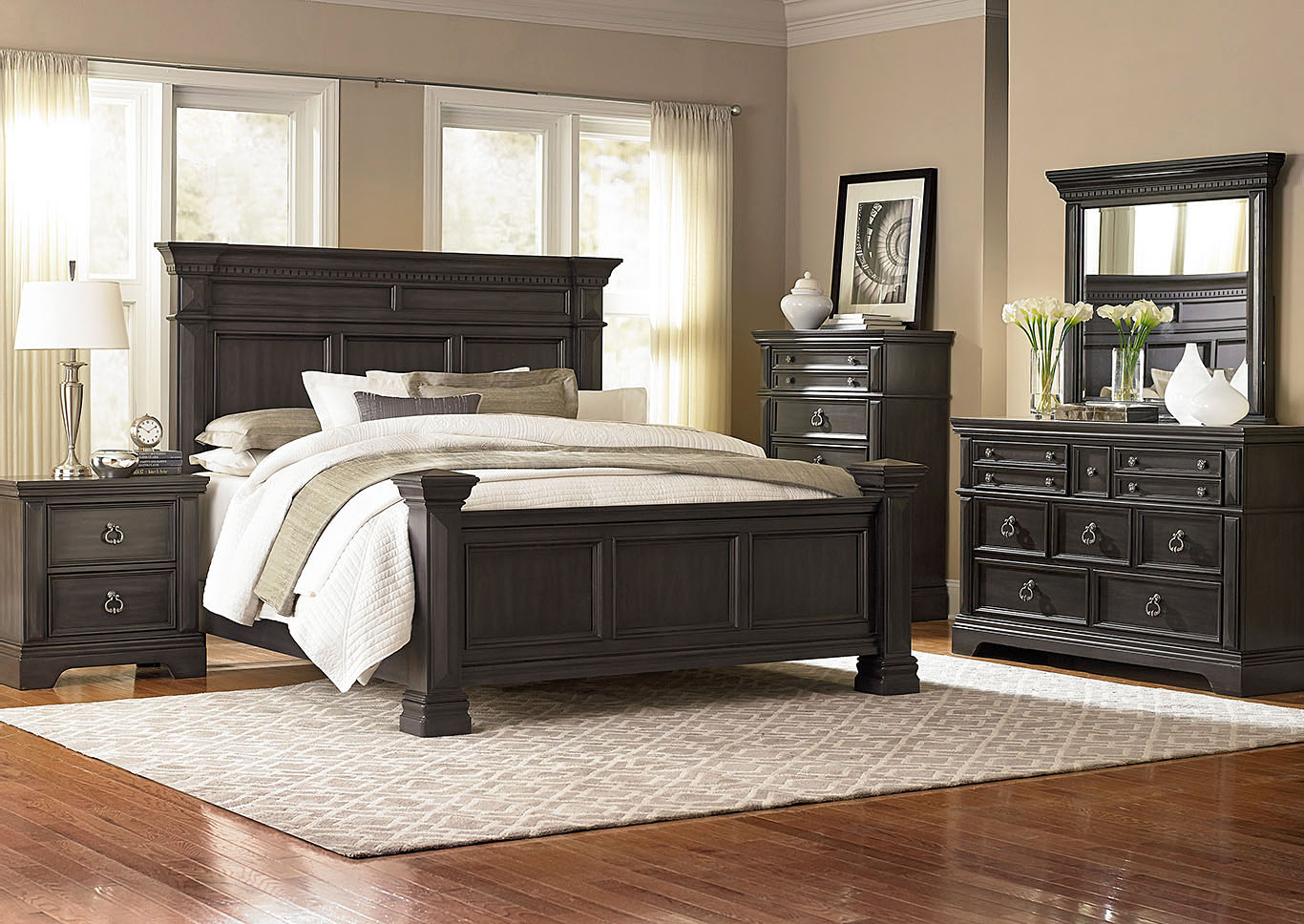 Garrison Charcoal Queen Panel Bed w/Dresser and Mirror,Standard