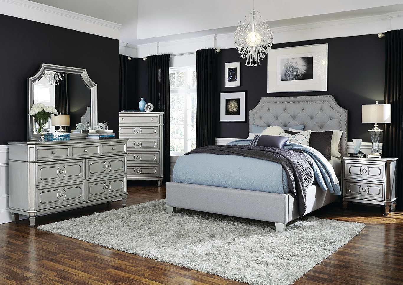 Windsor Silver Queen Upholstered Platform Bed w/Dresser and Mirror,Standard