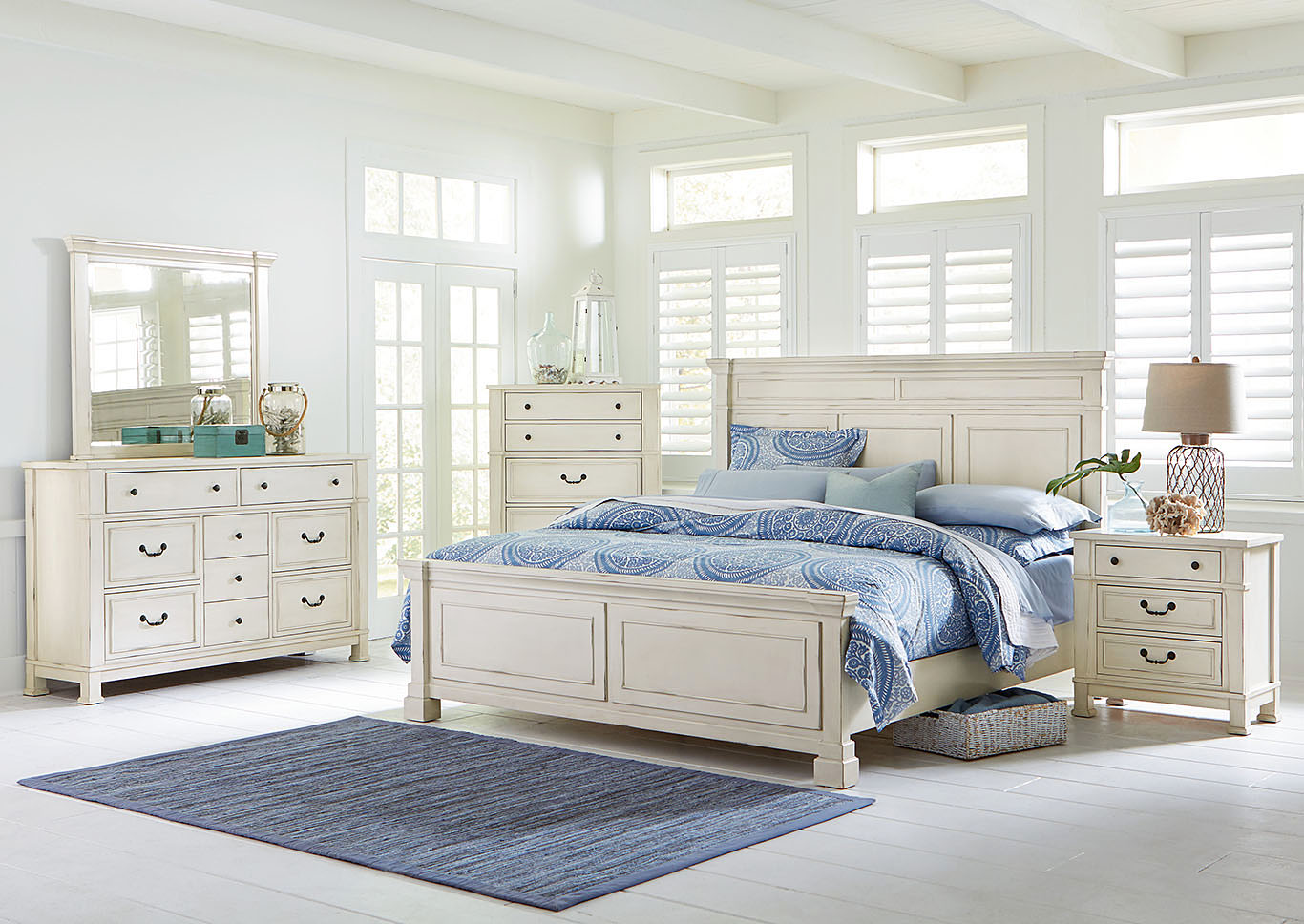 Chesapeake Bay White King Panel Bed w/Dresser and Mirror,Standard