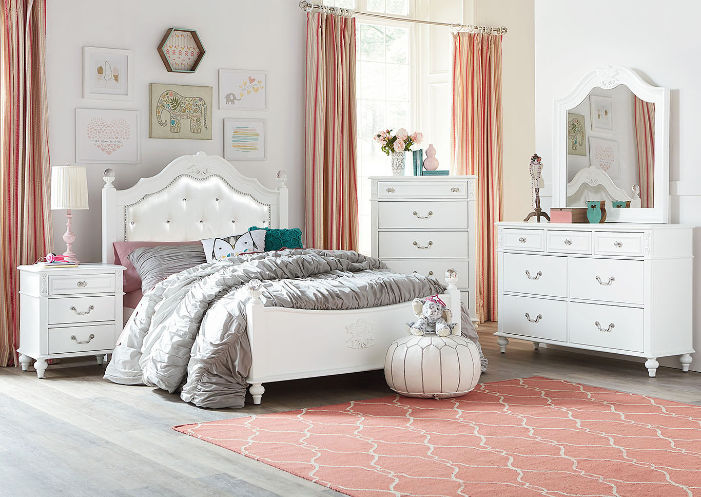 Olivia White Twin Poster Bed w/Dresser and Mirror,Standard