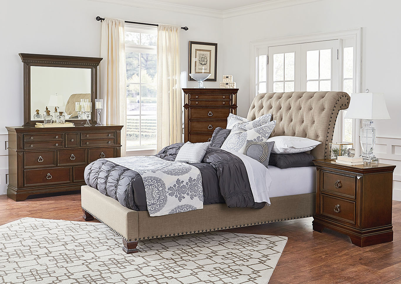 Charleston Brown Queen Upholstered Bed w/Dresser and Mirror,Standard