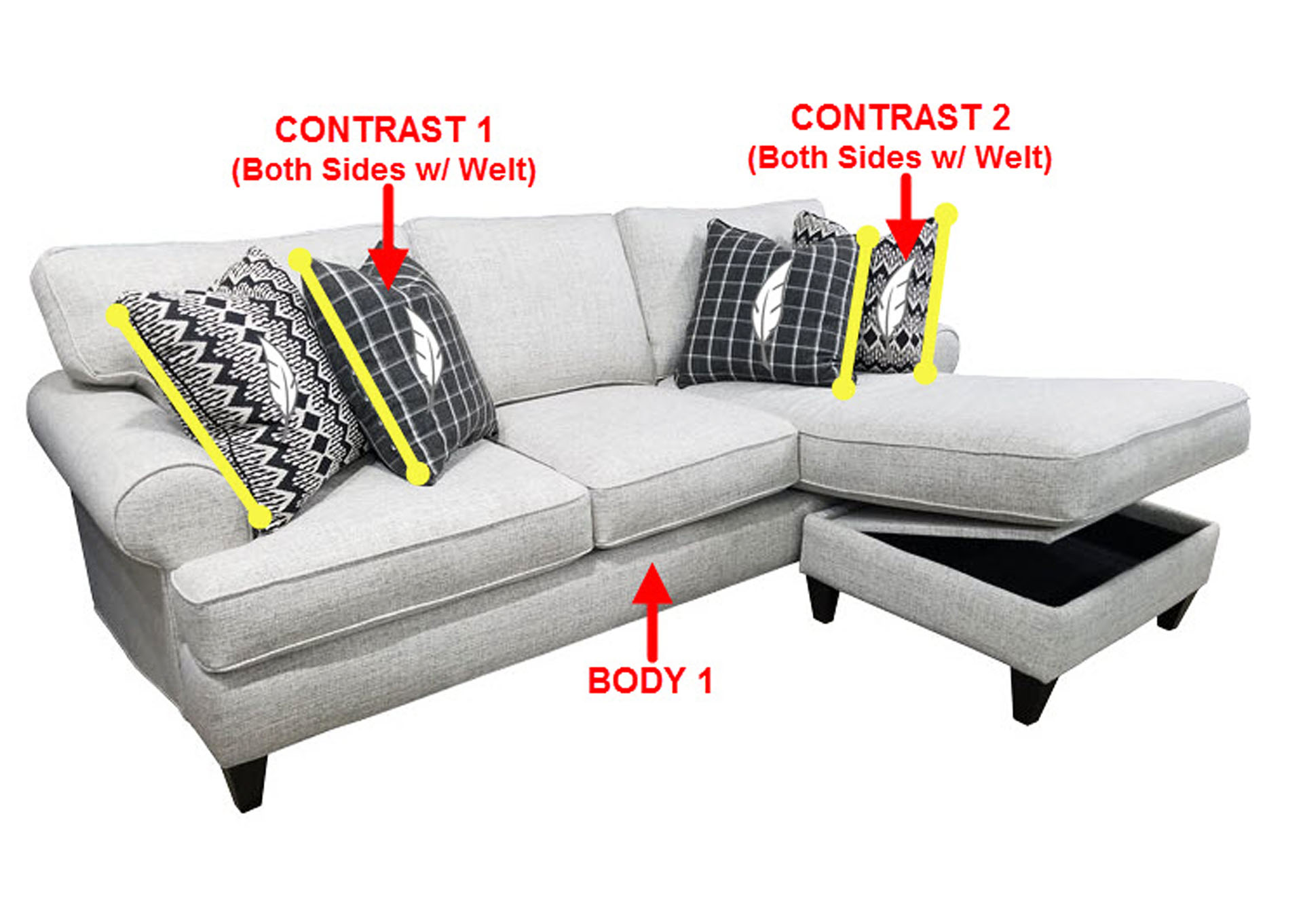 Performance Fabric Sofa Chaise w/ Storage Otto w/ 4 Pillows,Stanton