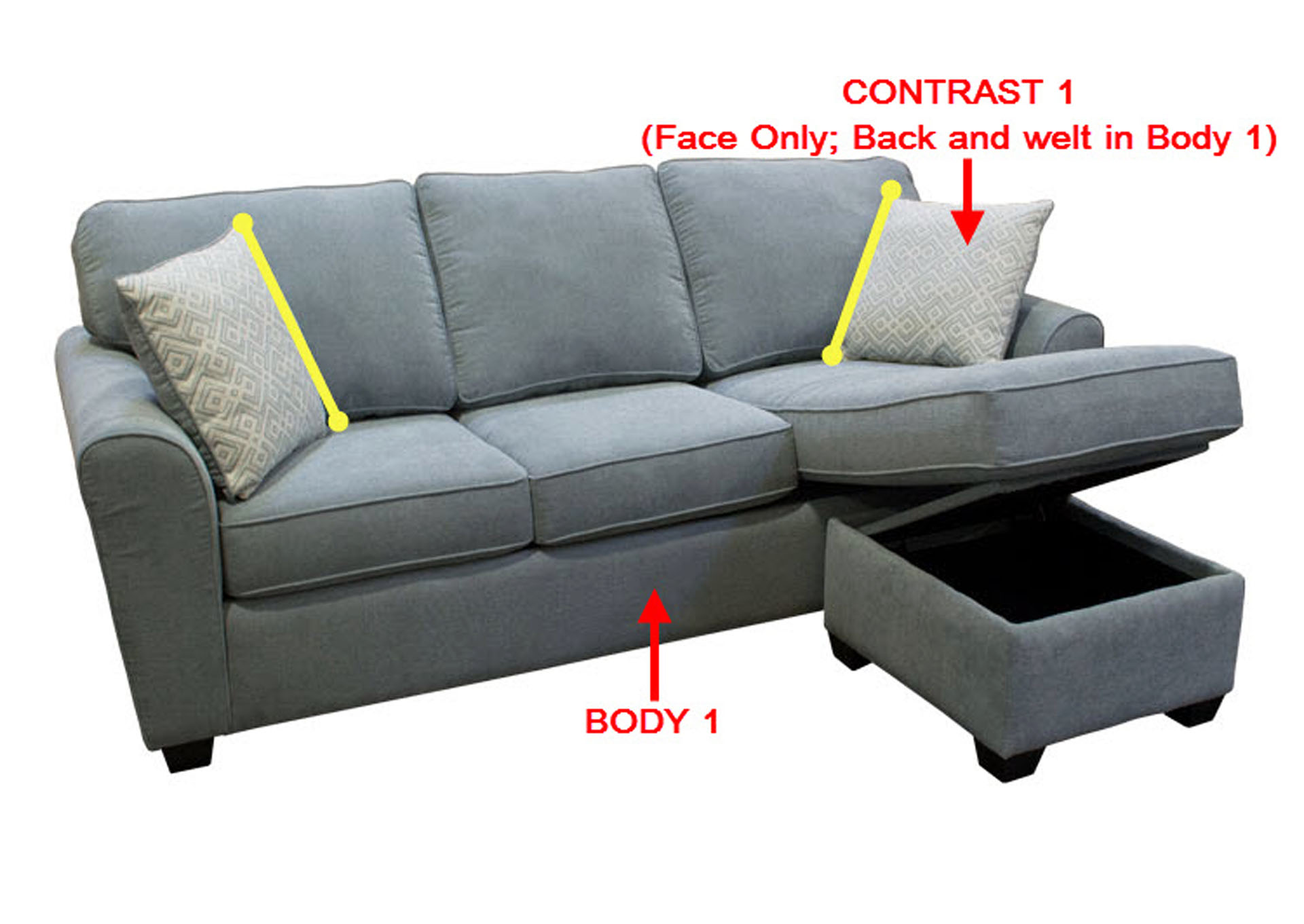 Performance Fabric Sofa Chaise w/ Storage w/ 2 Pillows,Stanton