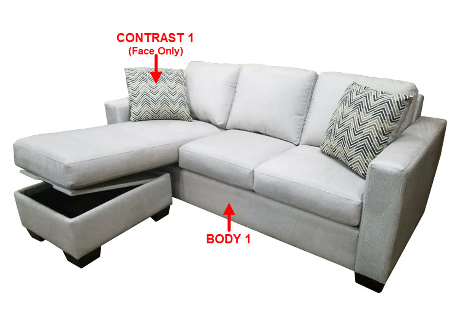Performance Fabric Sofa Chaise w/ Storage w/ 2 Pillows,Stanton
