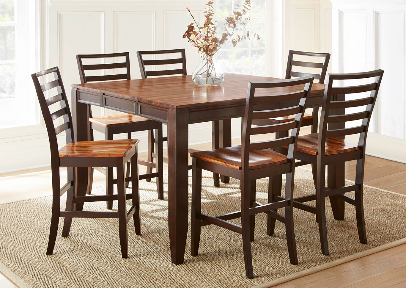 Abaco Brown Rectangular Dining Set W 6, Bar Height Dining Table And 6 Chairs