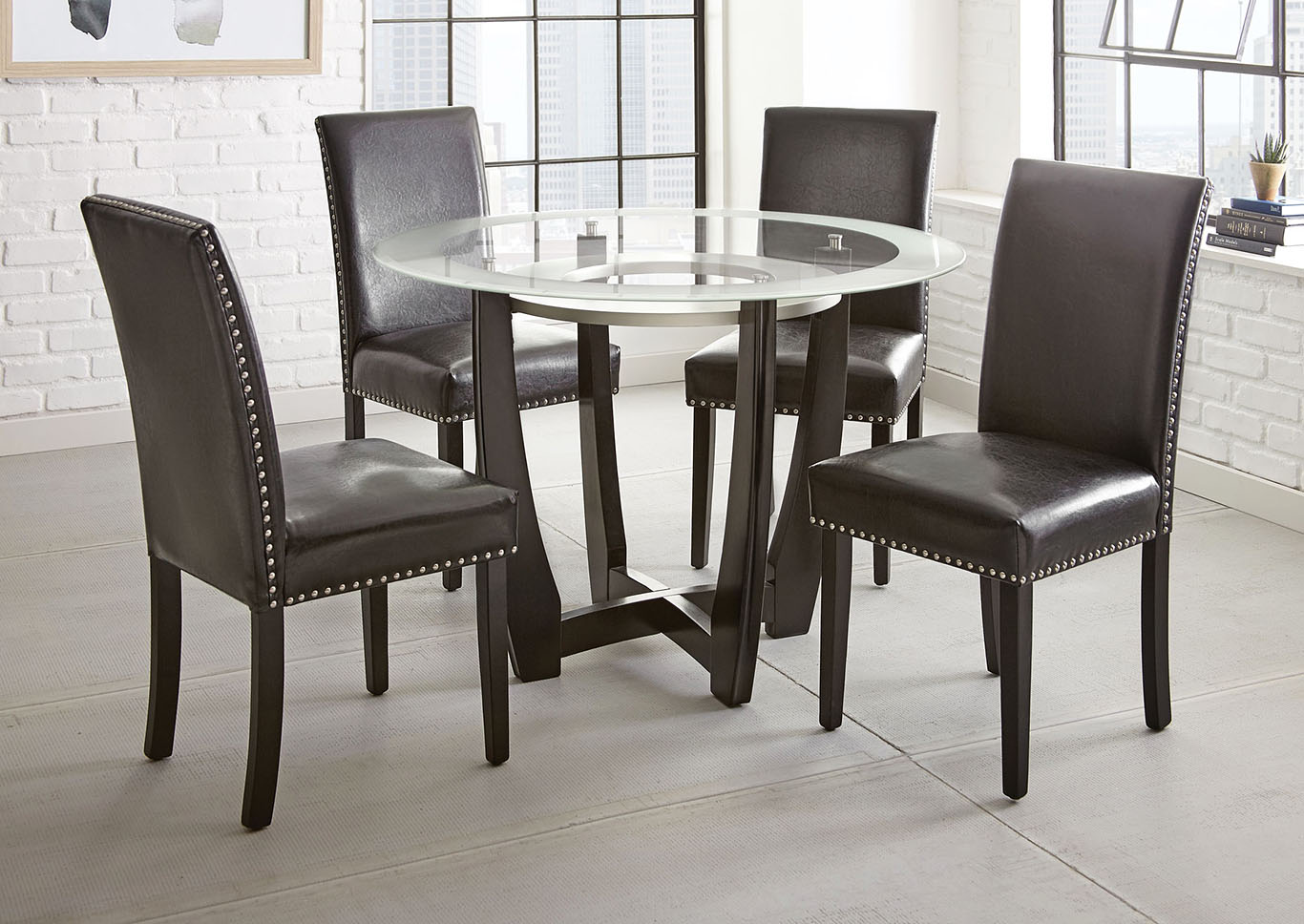 Verano Brown Round Glass Top Dining Set W 4 Chairs Grey Ivan