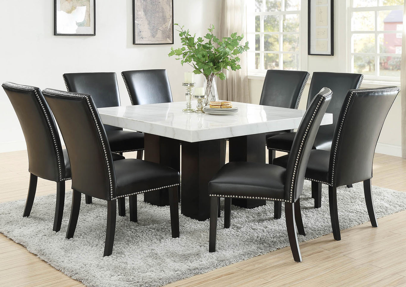 Camila Brown Square Marble Top Dining Set W 8 Chairs Black PU Ivan Smith