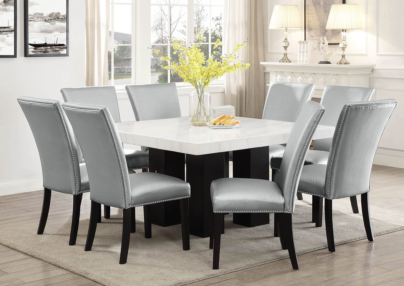 Camila Brown Square Marble Top Dining Set W 8 Chairs Silver Pu