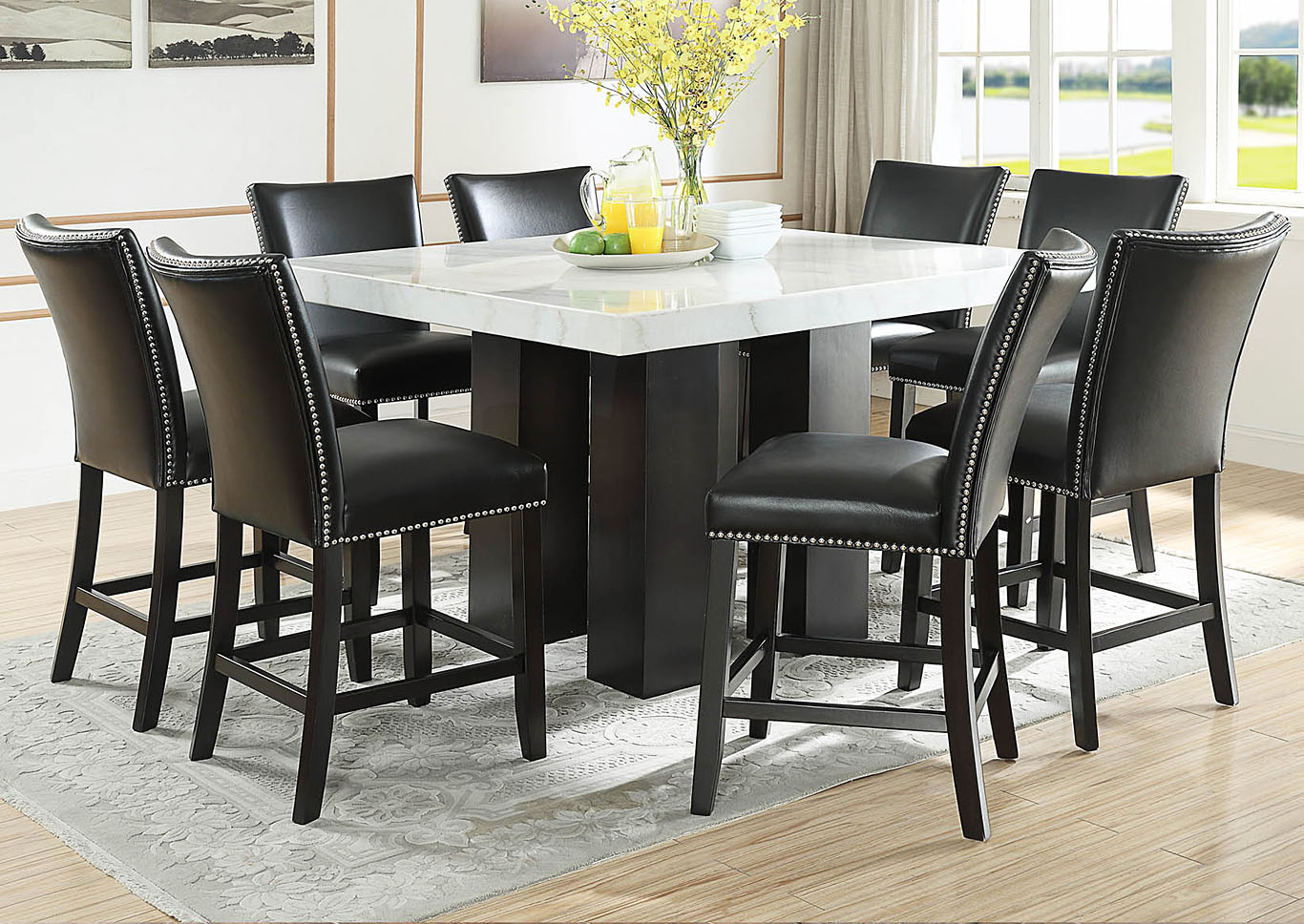 Camila Brown Square Counter Marble Top Dining Set W/ 8 Chairs [Black PU]