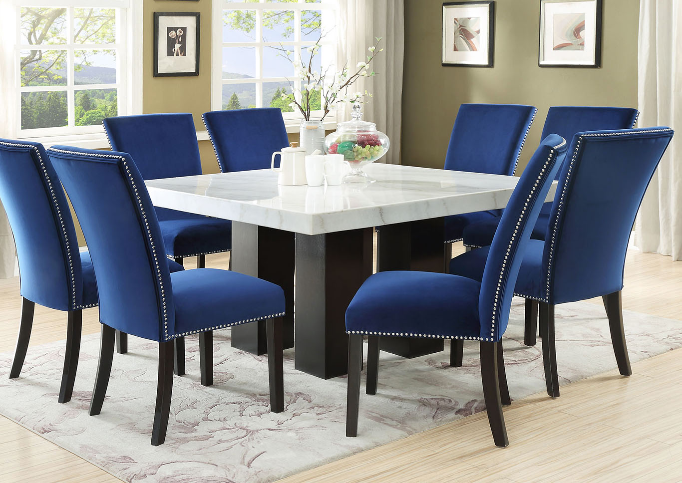 Camila Brown Square Marble Top Dining Set W 8 Chairs Blue Velvet Ivan Smith