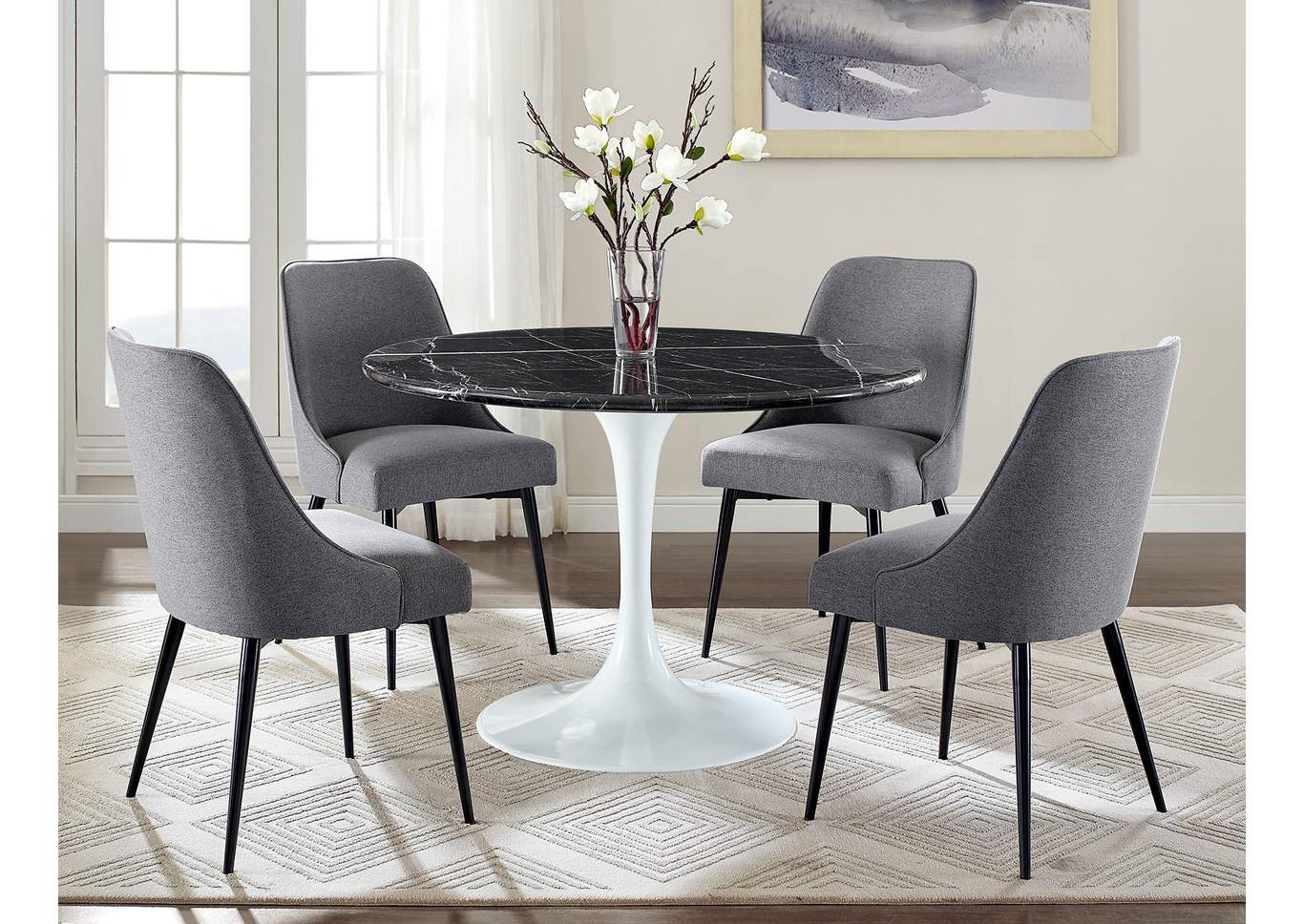 Colfax Black Round Marble Dining Set W/ 4 Chairs [Stone],Steve Silver