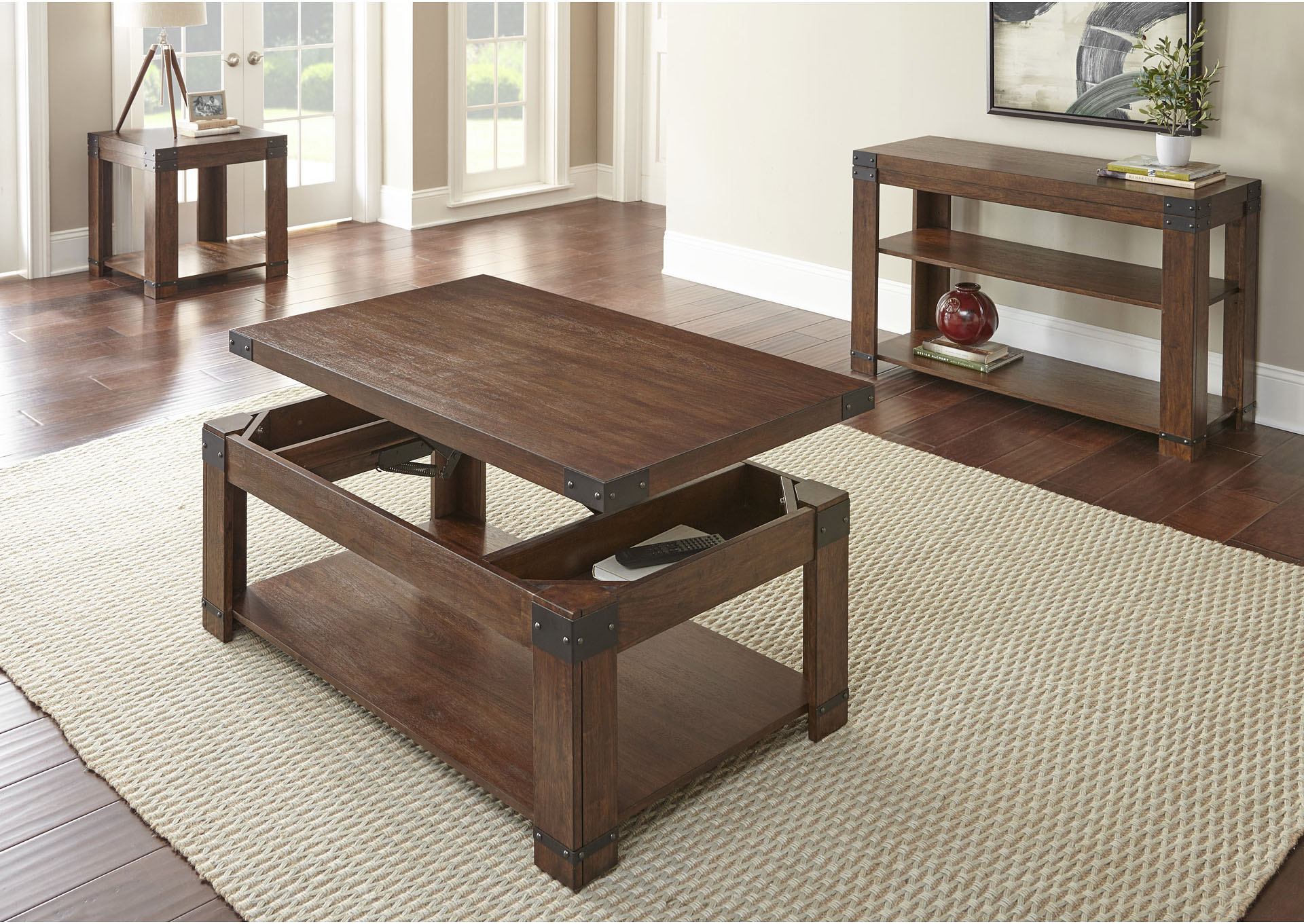 Arusha Brown Lift Top Cocktail Table W/ End & Sofa Table