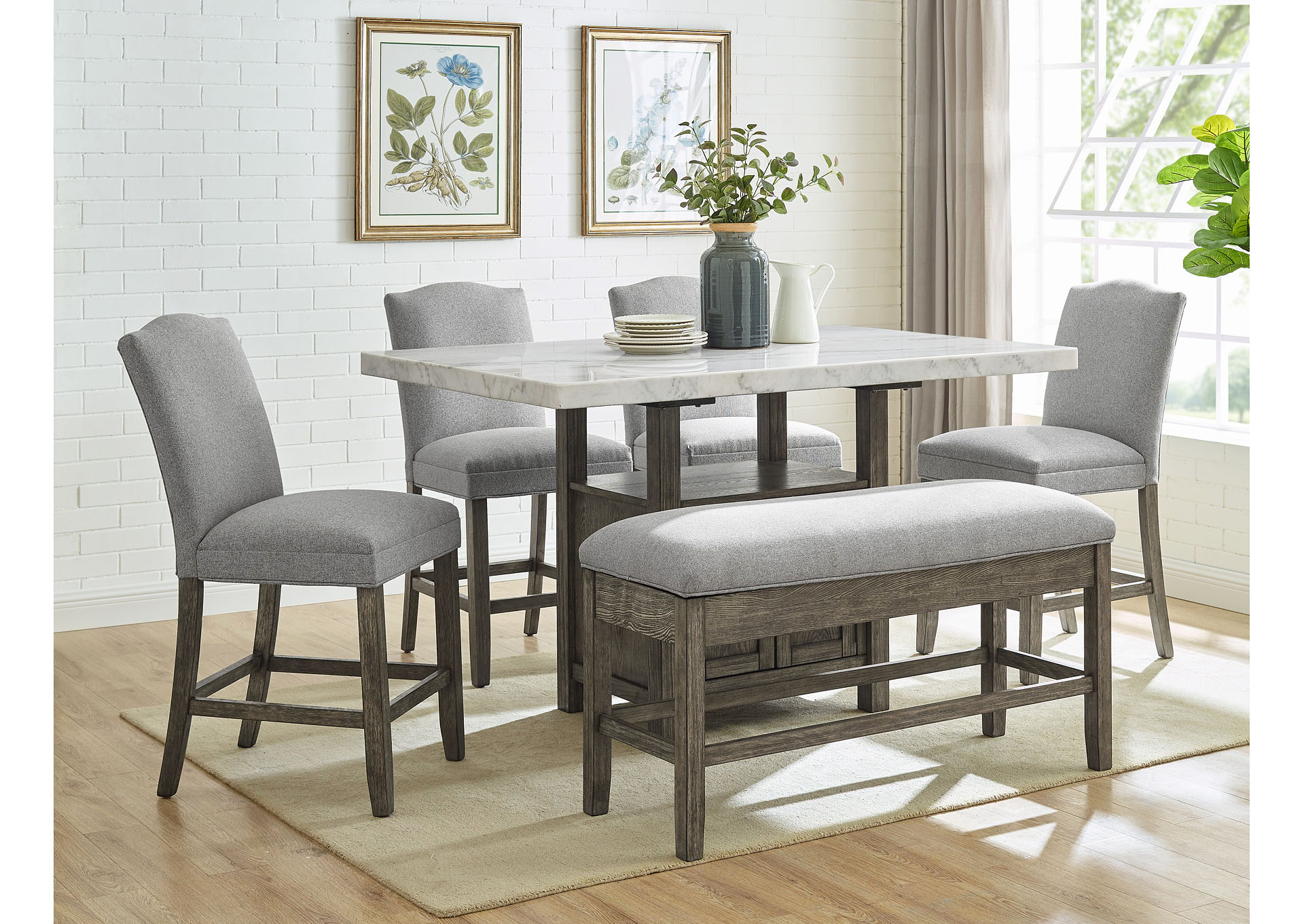 Grayson Grey Marble Top Counter Dining, Dining Room Set With 4 Chairs And Bench