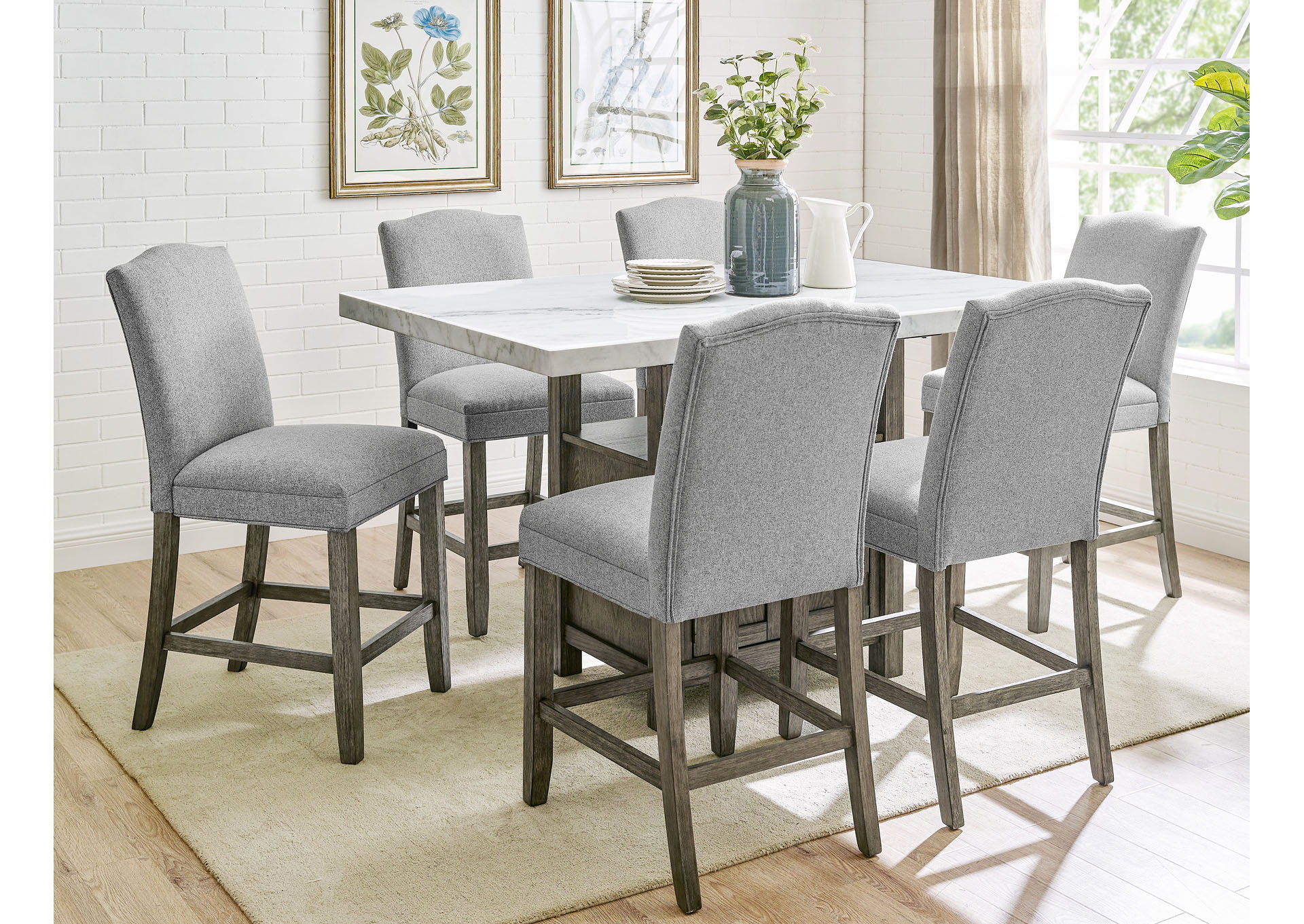 Grayson Grey Marble Top Counter Dining Set W/ 6 Chairs,Steve Silver