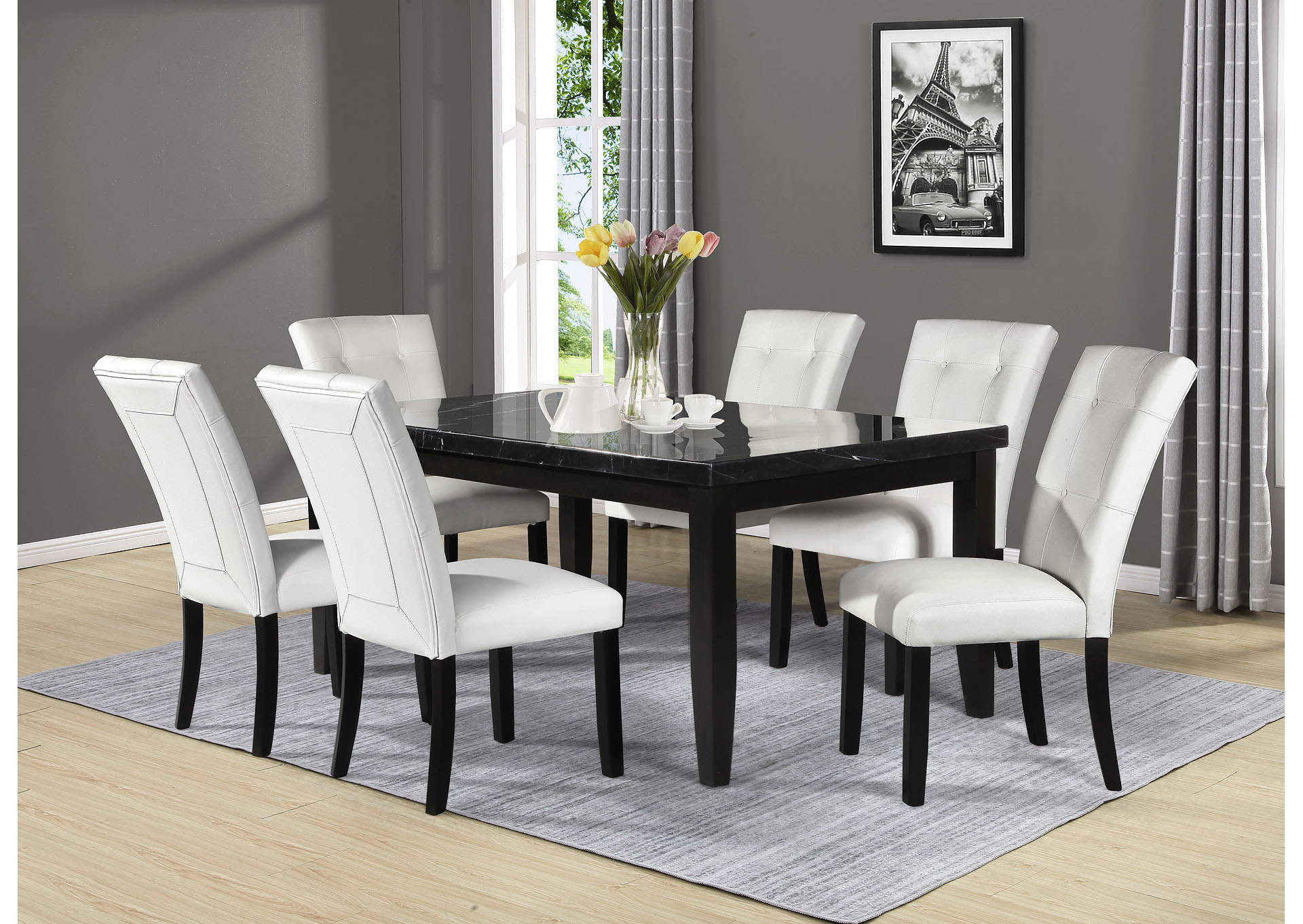 Markina Black Rectangular Marble Top, Dining Room Table With 6 Chairs White