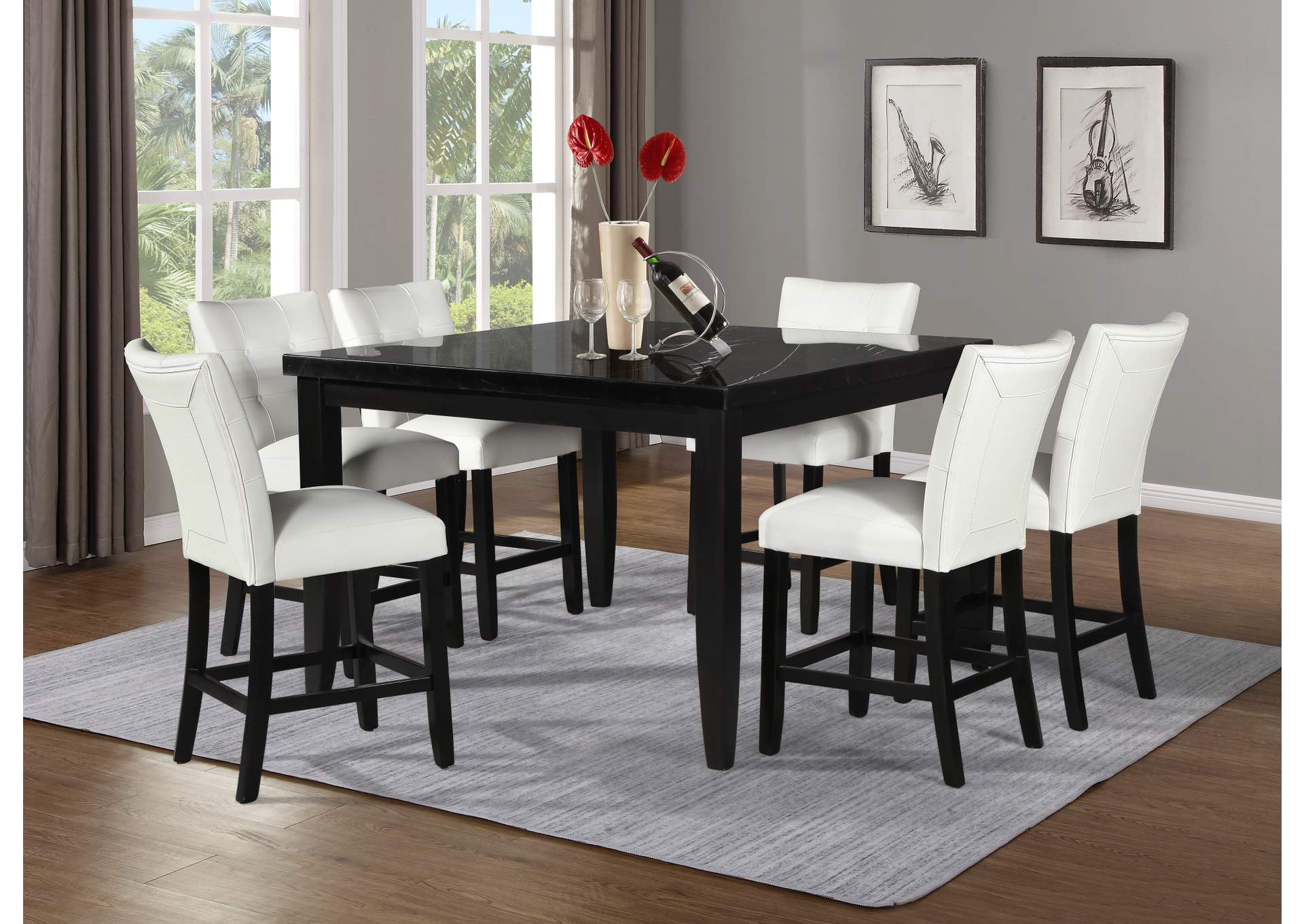 Markina Black Square Marble Top Counter Dining Set W 6 Chairs White Ivan Smith Furniture