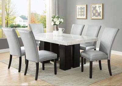 Camila Brown Rectangular Marble Top Dining Set W/ 6 Chairs [Silver PU],Steve Silver