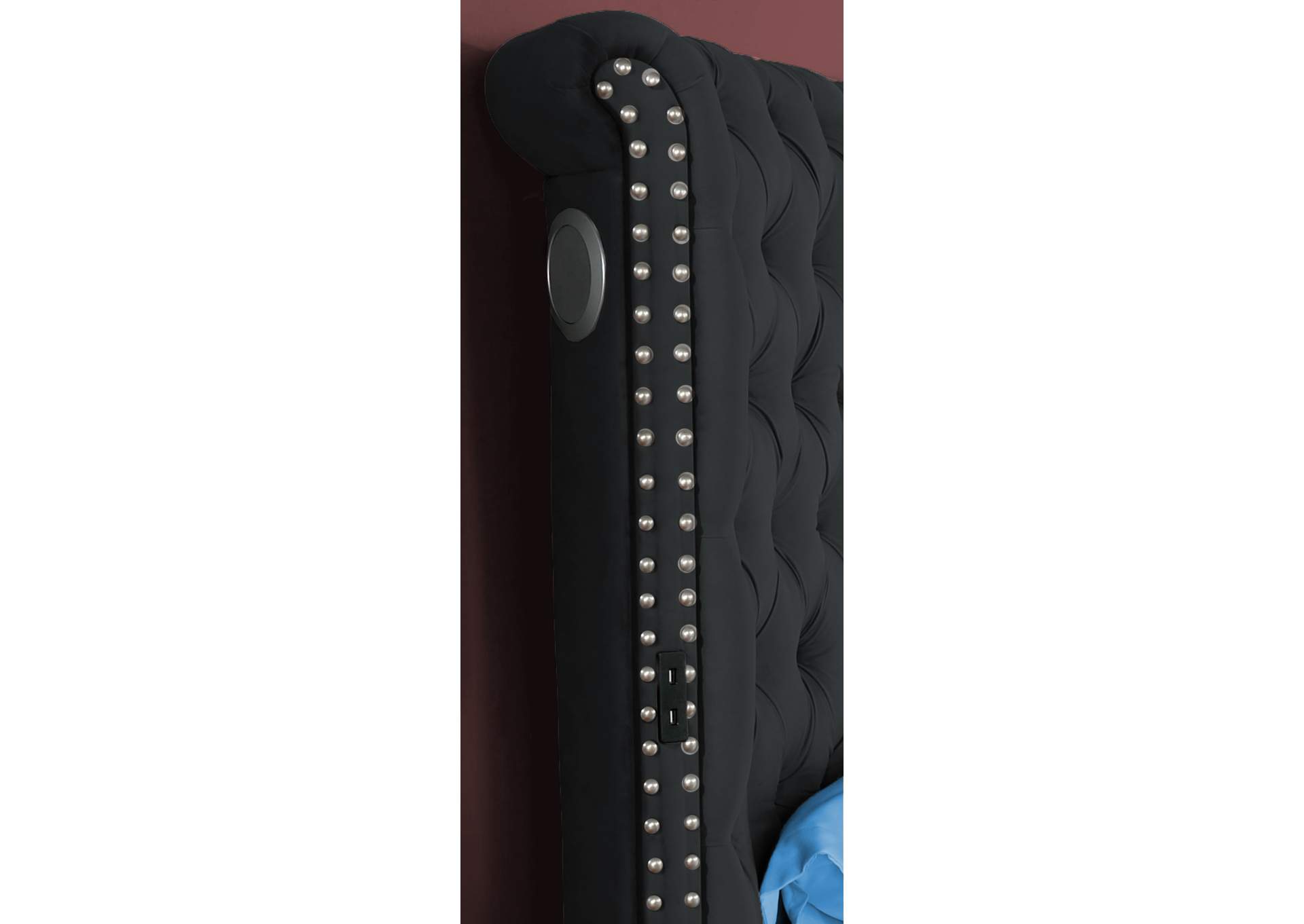 Kingsfort Black Velvet Queen Bed w/ USB & Speaker,Titanic Furniture