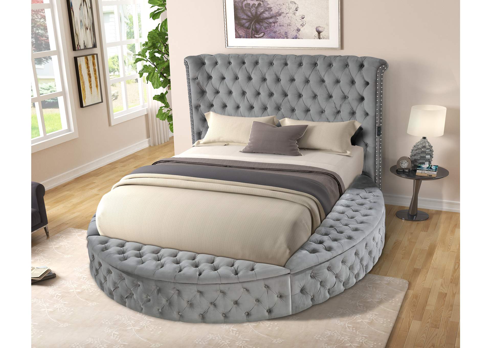 Kingsfort Gray Velvet Queen Bed w/ USB & Speaker,Titanic Furniture