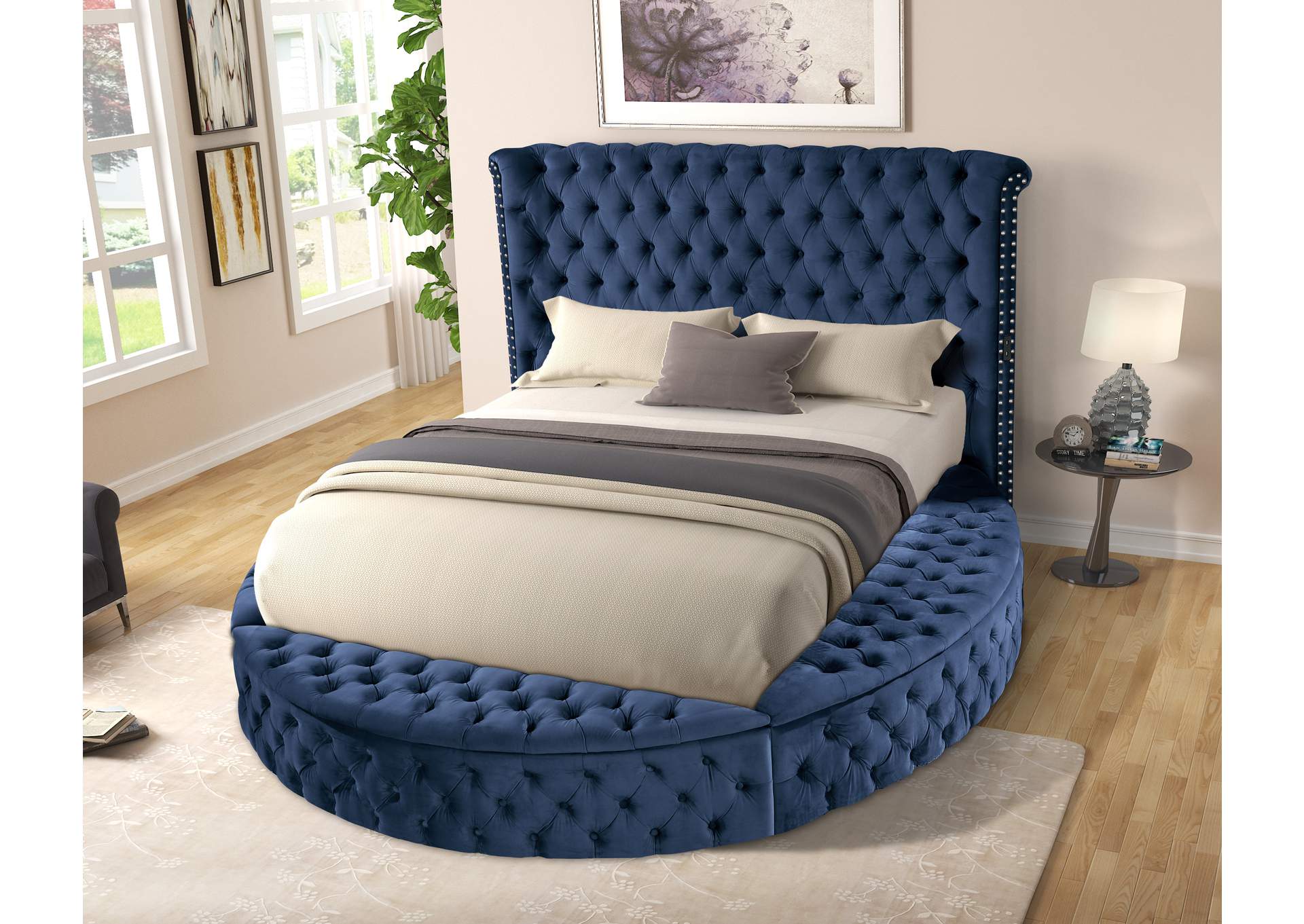 Kingsfort Blue Velvet King Bed w/ USB & Speaker,Titanic Furniture