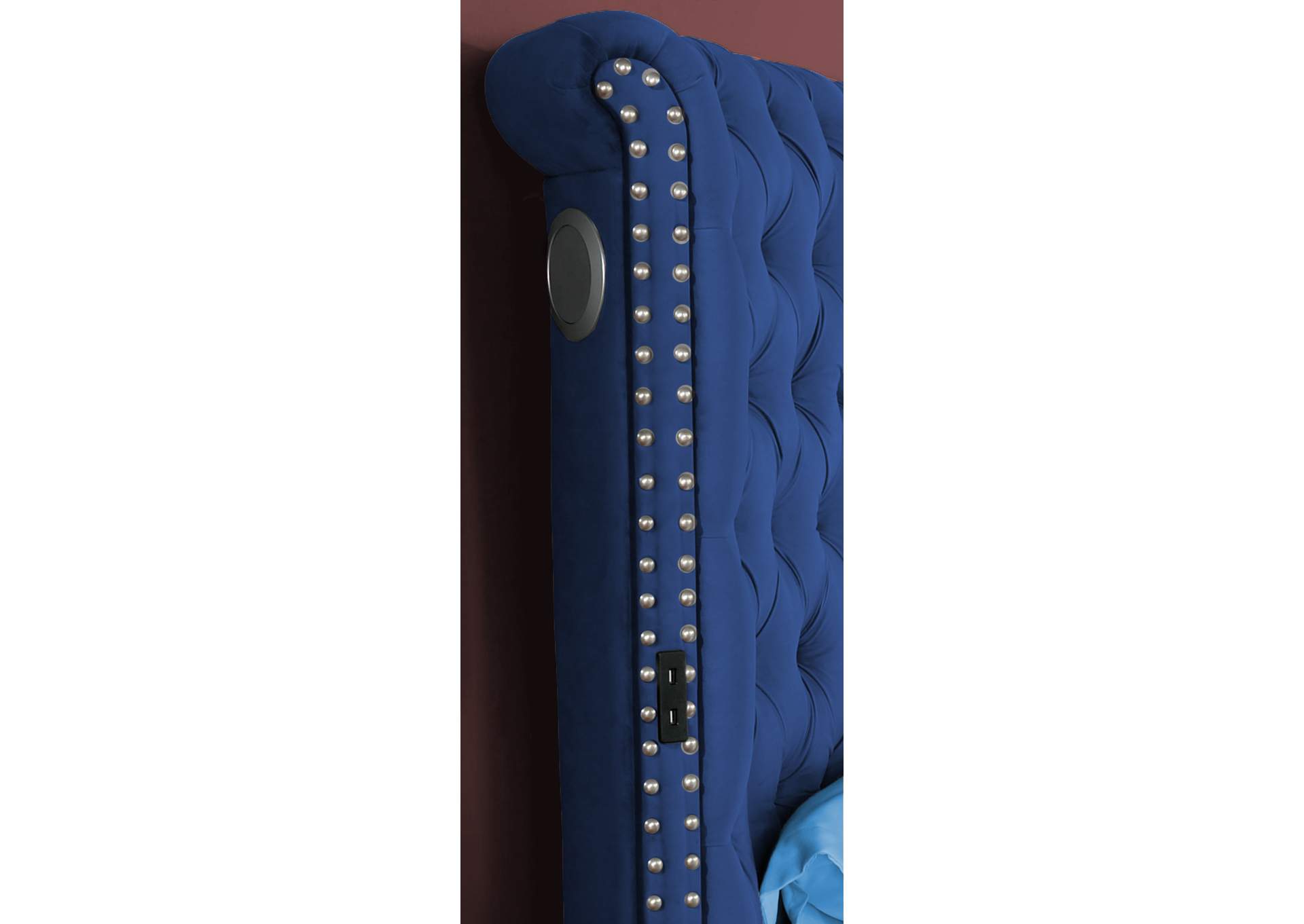 Kingsfort Blue Velvet King Bed w/ USB & Speaker,Titanic Furniture