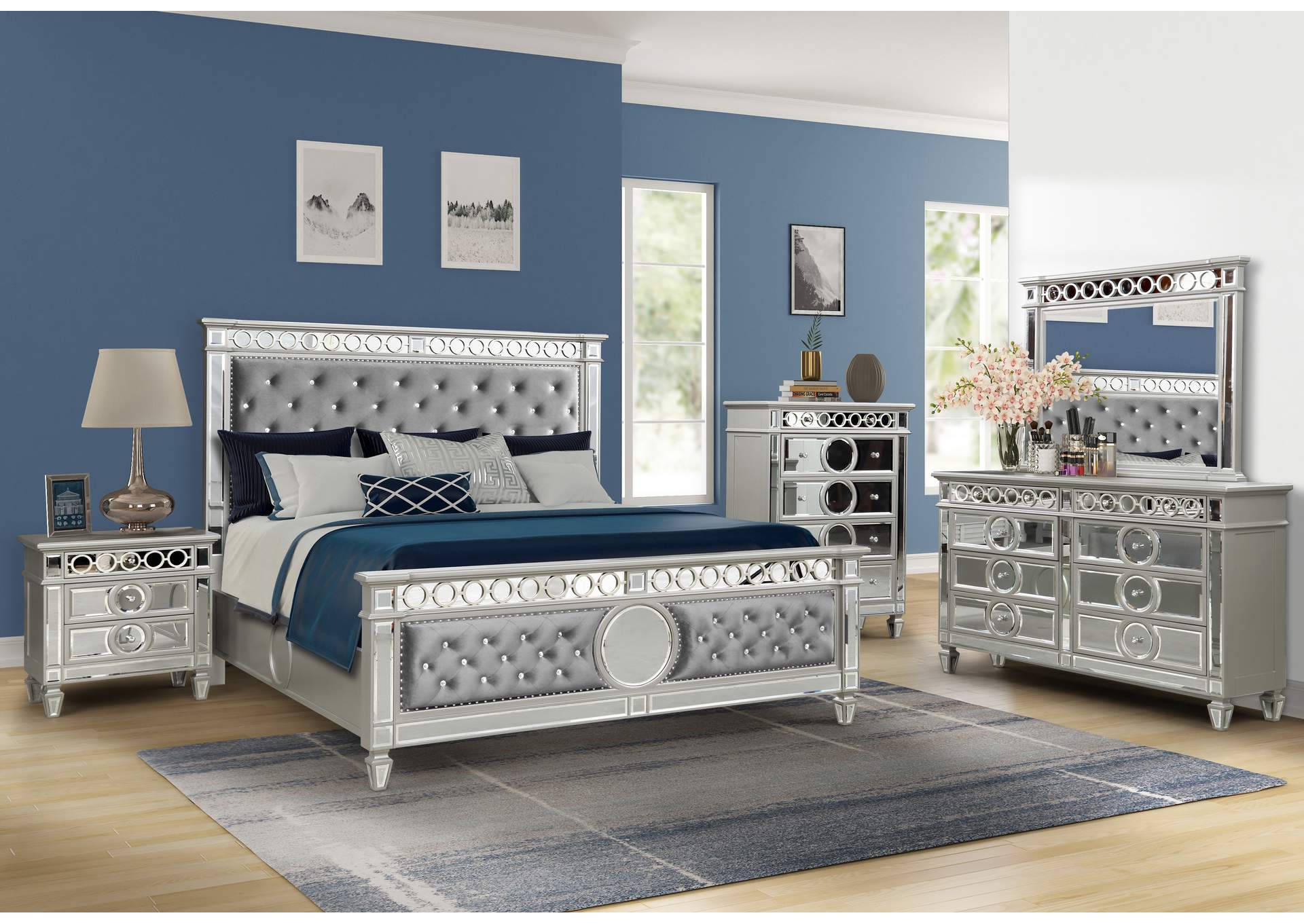 Starlite Blue/Silver Queen Velvet: Headboard (Box 1 of 3) Footboard (Box 2 of 3) Rails (Box 3 of 3) NOTE: Boxes may say B201. Follow color.,Titanic Furniture