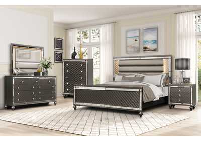 Image for Malibu Charcoal Queen Panel Bed: Headboard w/Lights (Box 1 of 3) Panel Footboard w/Slats (Box 2 of 3) King or Queen Panel Rails (Box 3 of 3)