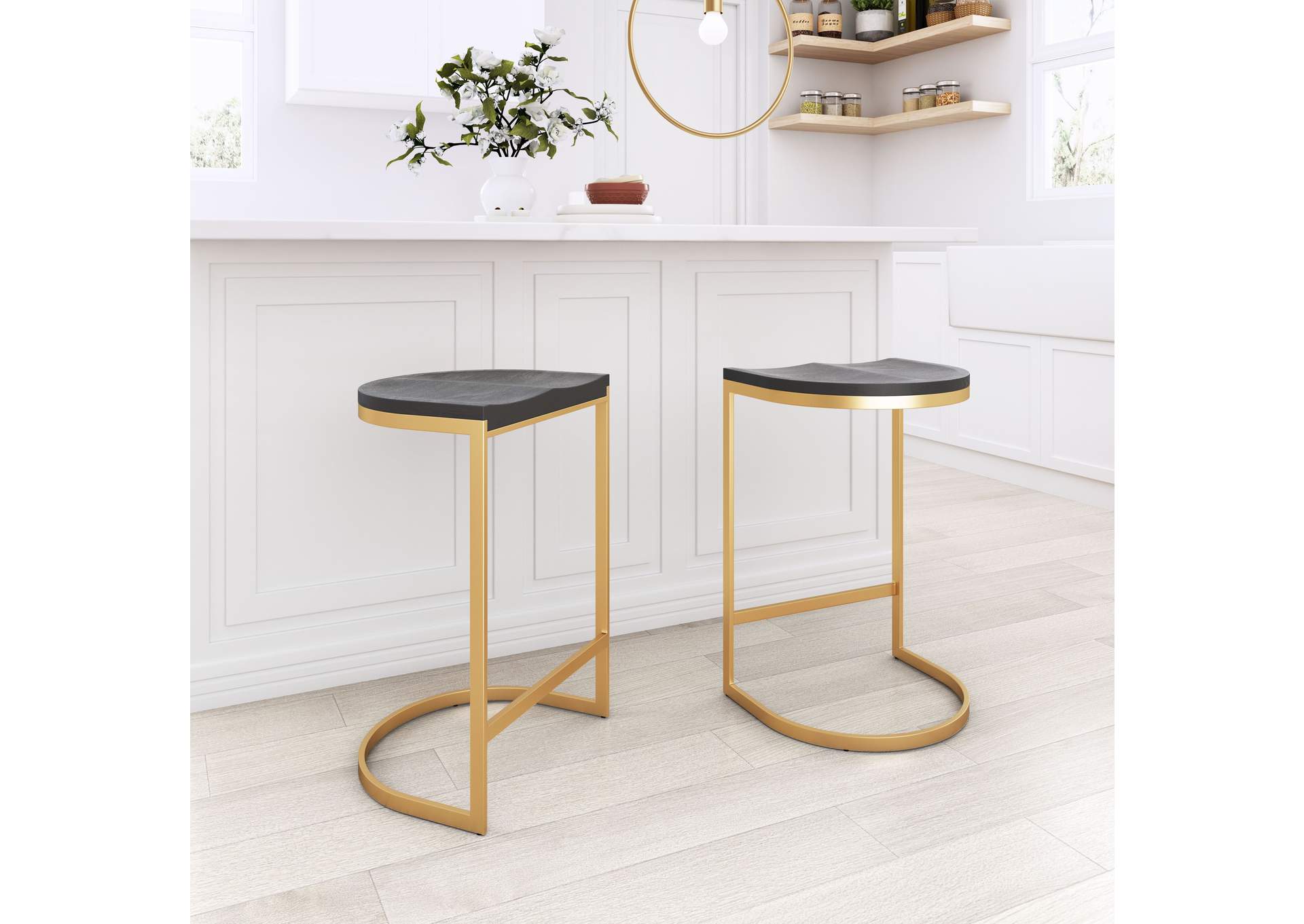 Louis Counter Stool (Set Of 2) Black & Gold,Zuo