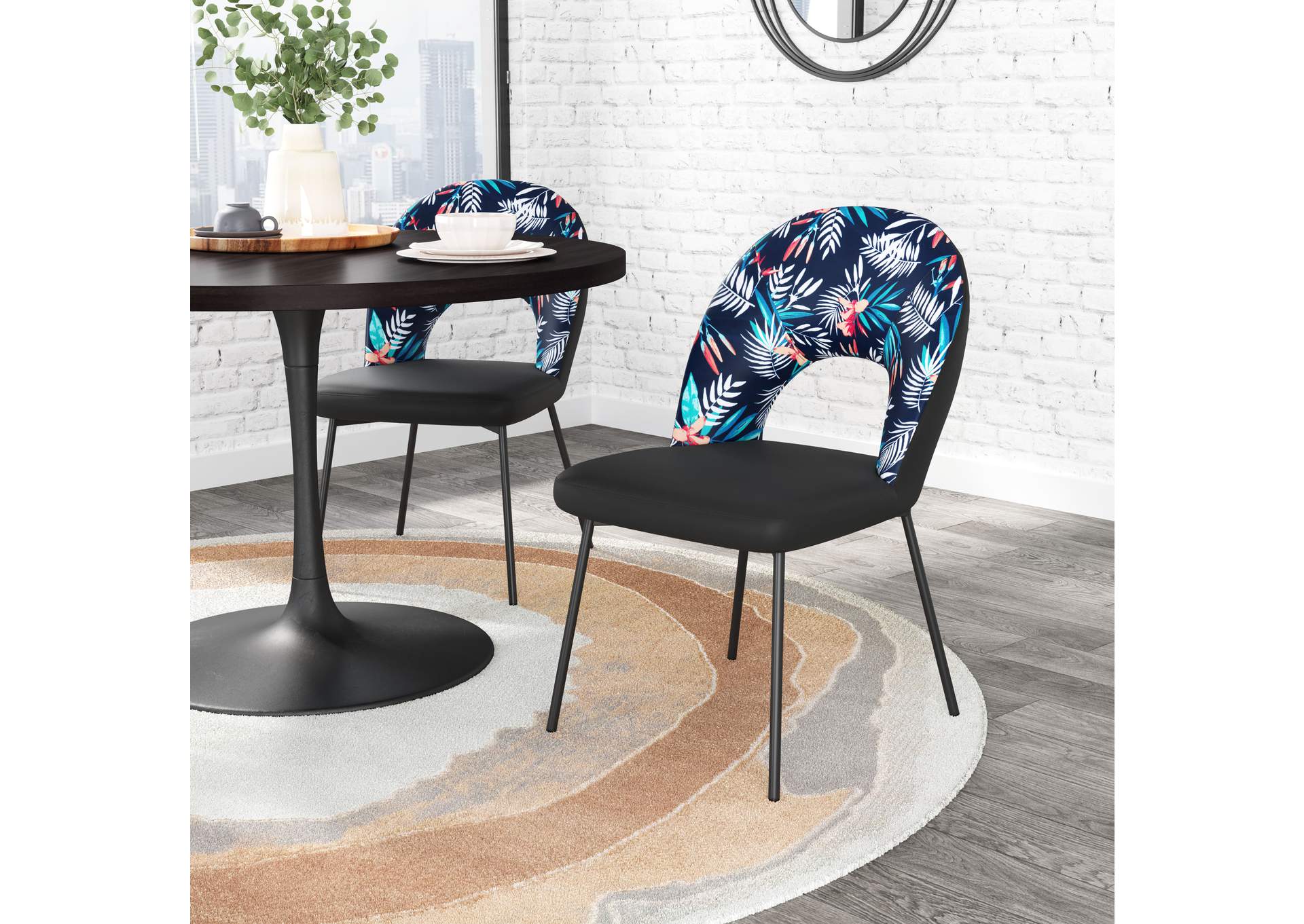 Merion Dining Chair (Set Of 2) Multicolor Print & Black,Zuo