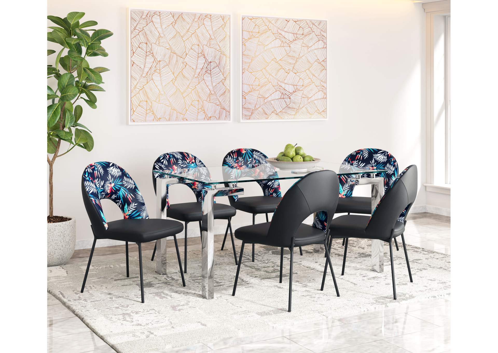 Merion Dining Chair (Set Of 2) Multicolor Print & Black,Zuo