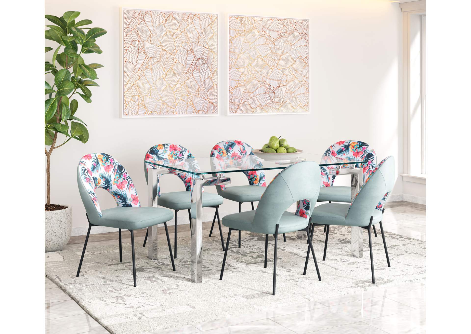 Bethpage Dining Chair (Set Of 2) Multicolor Print & Green,Zuo