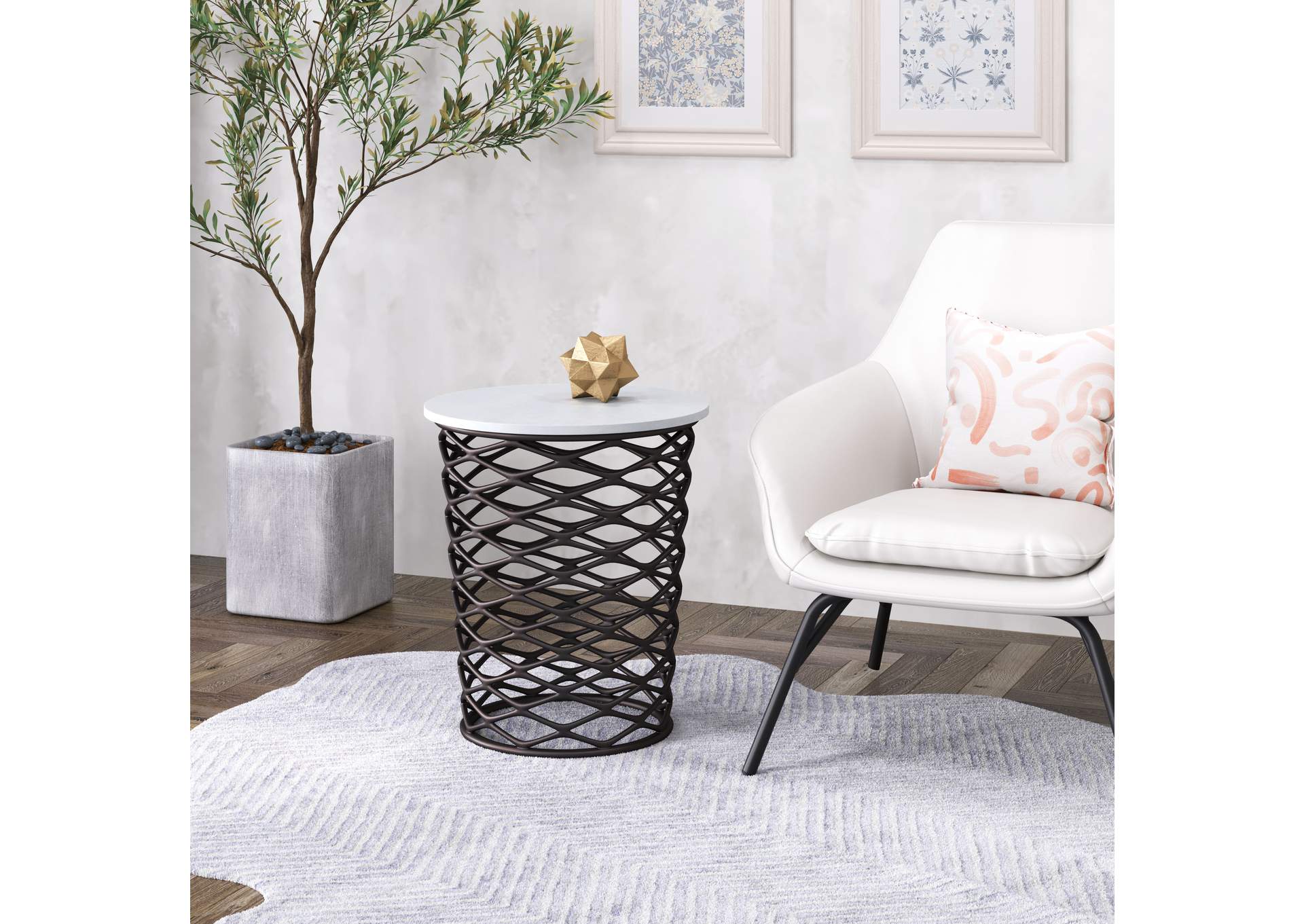 King Side Table White & Antique Bronze,Zuo